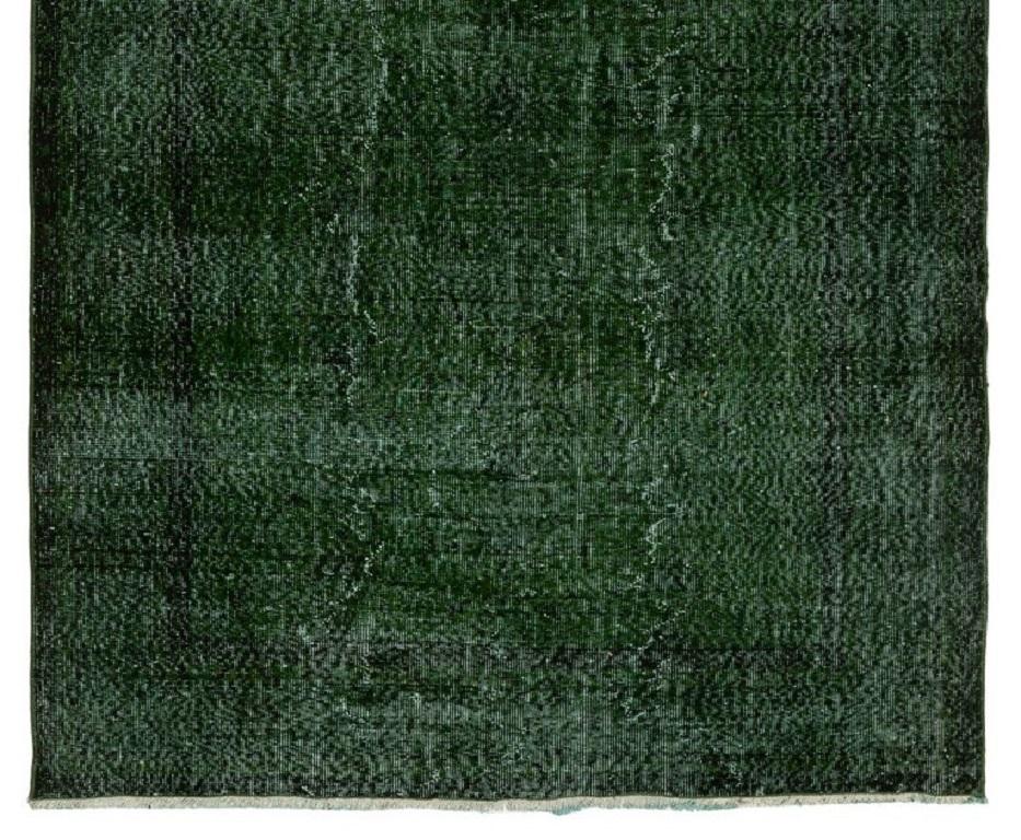 Hand-Knotted  6x9 ft Vintage Distressed Handmade Turkish Area Rug Over-dyed in Dark Emerald