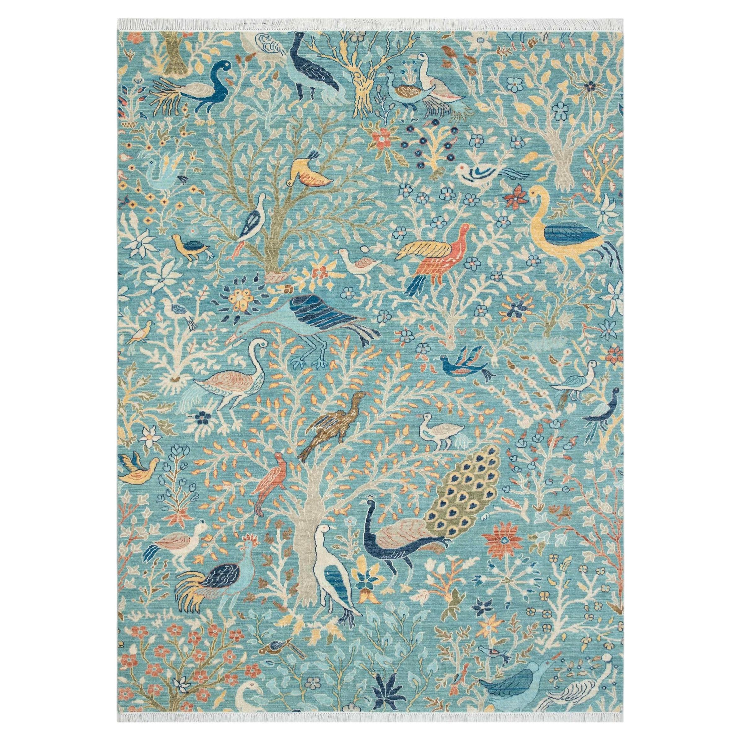 6x9 Ft Blue Birds & Peacocks Garden Hand Knotted Wool Rug ( JC - 13852 )