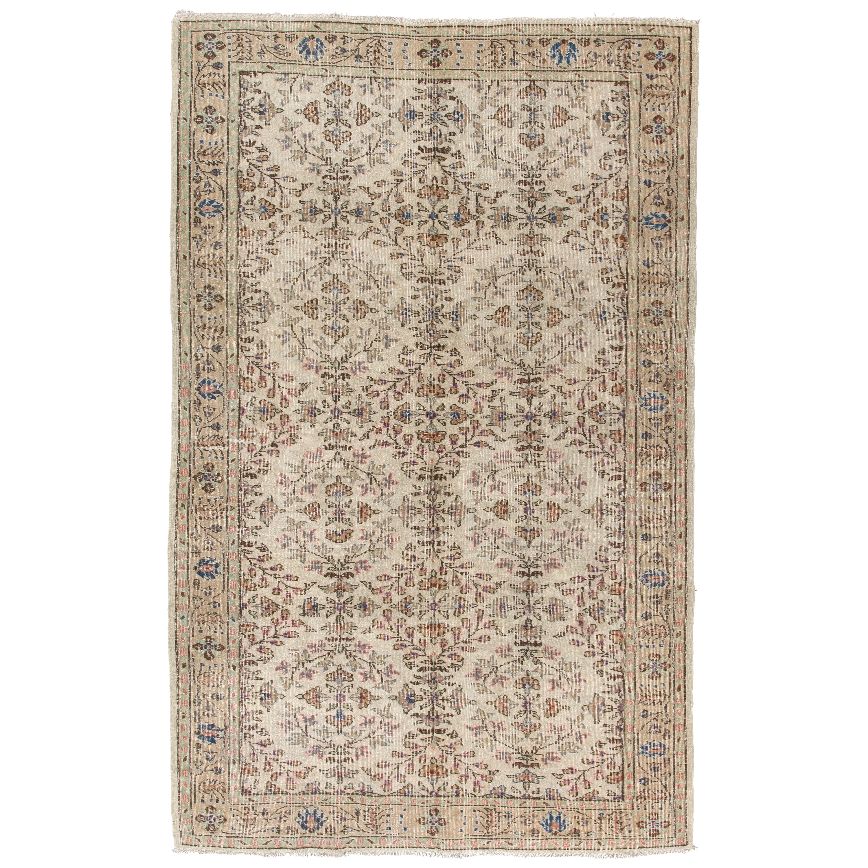 Dekorativer handgefertigter Oushak-Wollteppich in weichen, gedämpften Farben, 6x9 Ft, Vintage