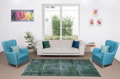 Green Floor Rug for Modern Interior, Handmade Turkish Vintage Wool Carpet