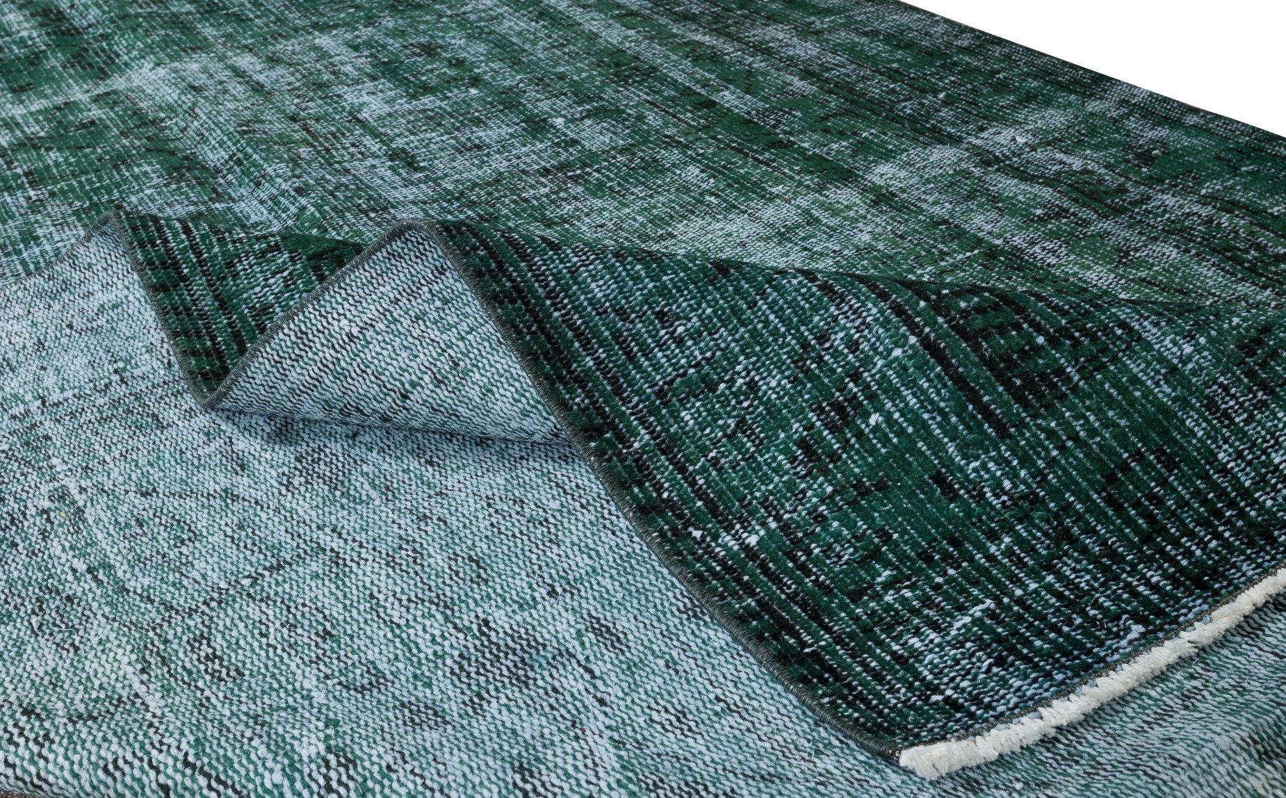 Hand-Knotted Green Floor Rug for Modern Interior, Handmade Turkish Vintage Wool Carpet For Sale