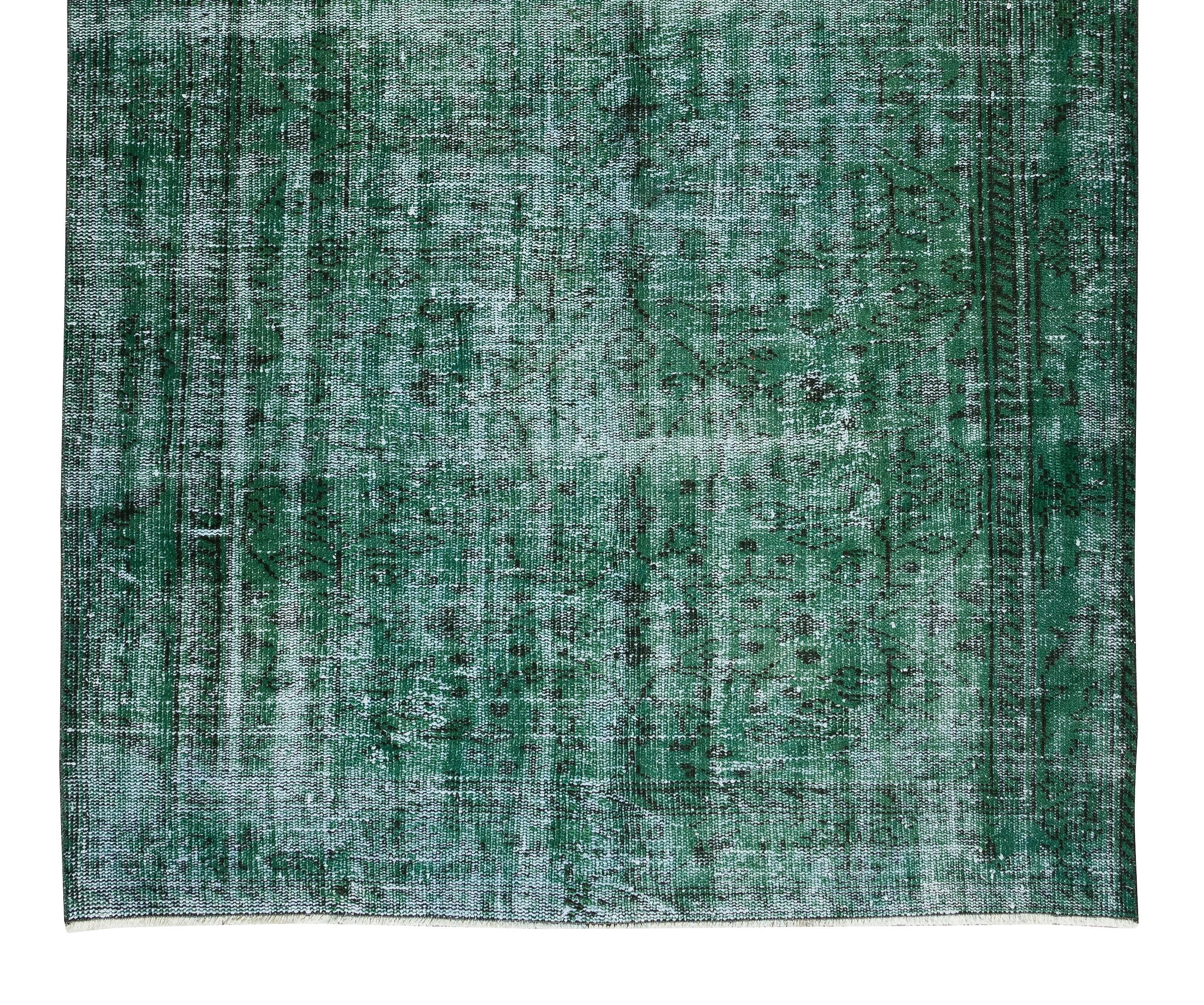 20th Century Green Floor Rug for Modern Interior, Handmade Turkish Vintage Wool Carpet For Sale