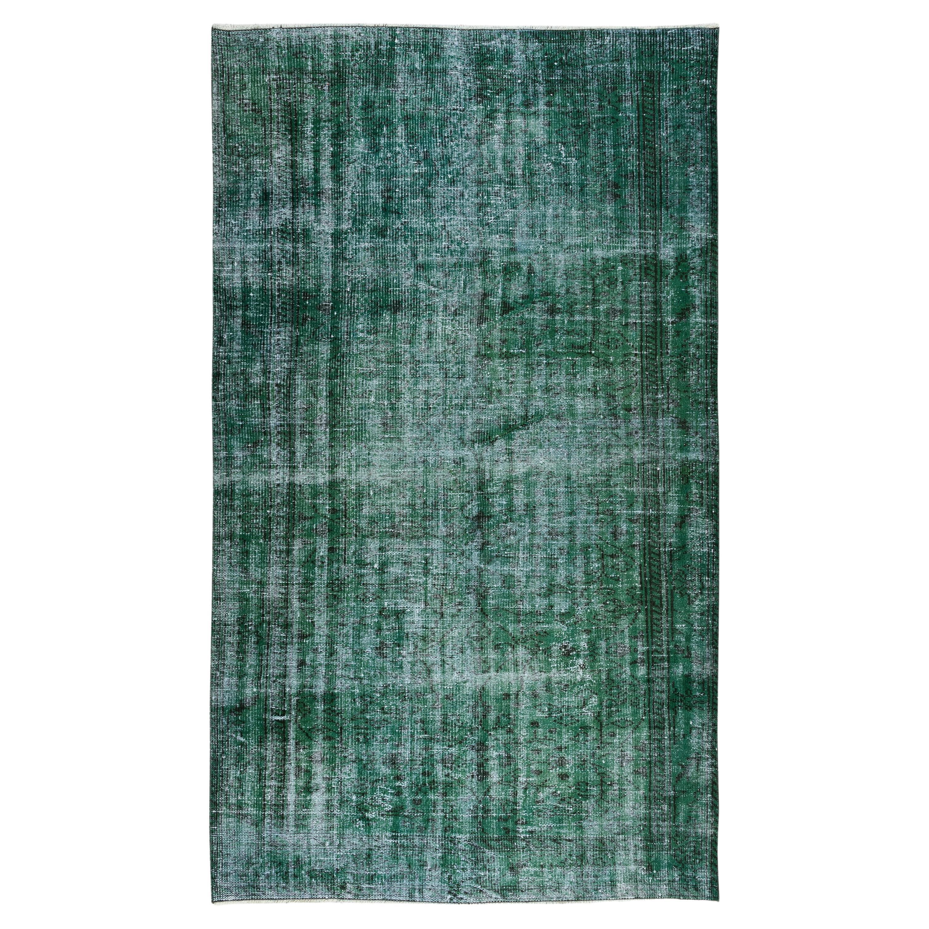 Green Floor Rug for Modern Interior, Handmade Turkish Vintage Wool Carpet For Sale