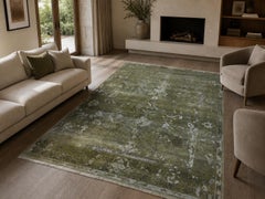 6x9 ft Hand-Knotted Silk Area Rug, Olive Green Distressed Floral Design Carpet