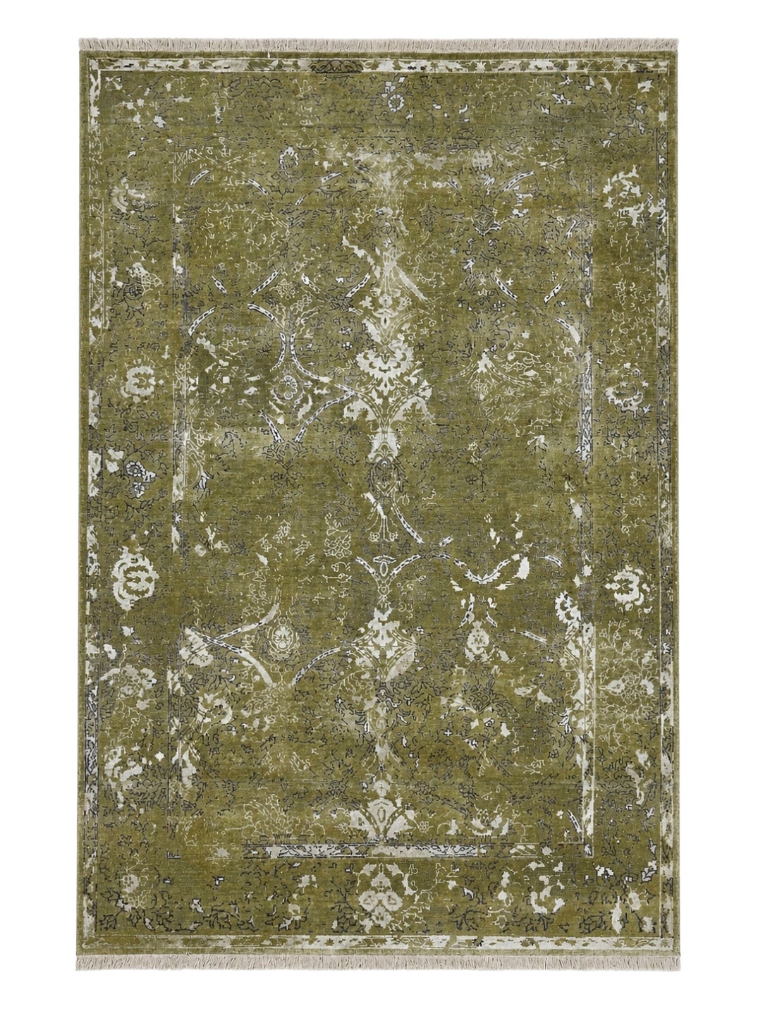 6x9 ft handgeknüpfter Seidenteppich, olivgrüner Distressed Floral Design-Teppich