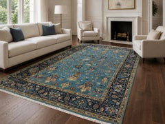 6x9 ft Hand-Knotted Wool Area Rug, Blue Floral Design Carpet for Living Room
