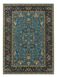 6x9 ft Hand-Knotted Wool Area Rug, Blue Floral Design Carpet for Living Room