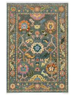 6x9 ft Handknotted Oushak Rug for Living Room, Green Floral Design Modern Carpet