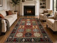 6x9 ft Handknotted Wool Area Rug, Red Geometric Botanical Carpet for Living Room