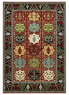 6x9 ft Handknotted Wool Area Rug, Red Geometric Botanical Carpet for Living Room