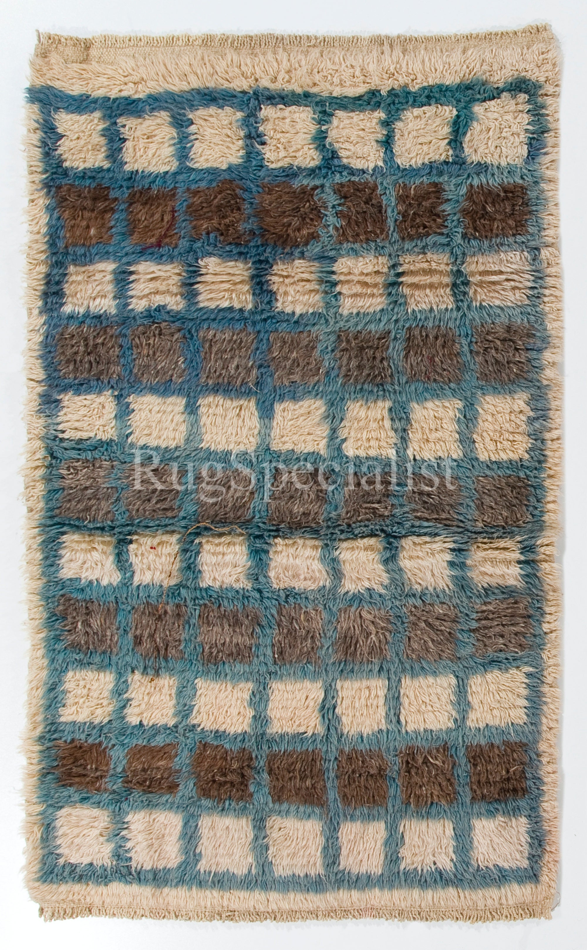 6x9 ft Handmade Wool Checkerboard Design Tulu Rug. Beige, Brown and Blue Colors For Sale