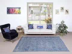 6x9 Ft Handmade Turkish Wool Area Rug. Vintage Overdyed Blue Rug for Modern Home