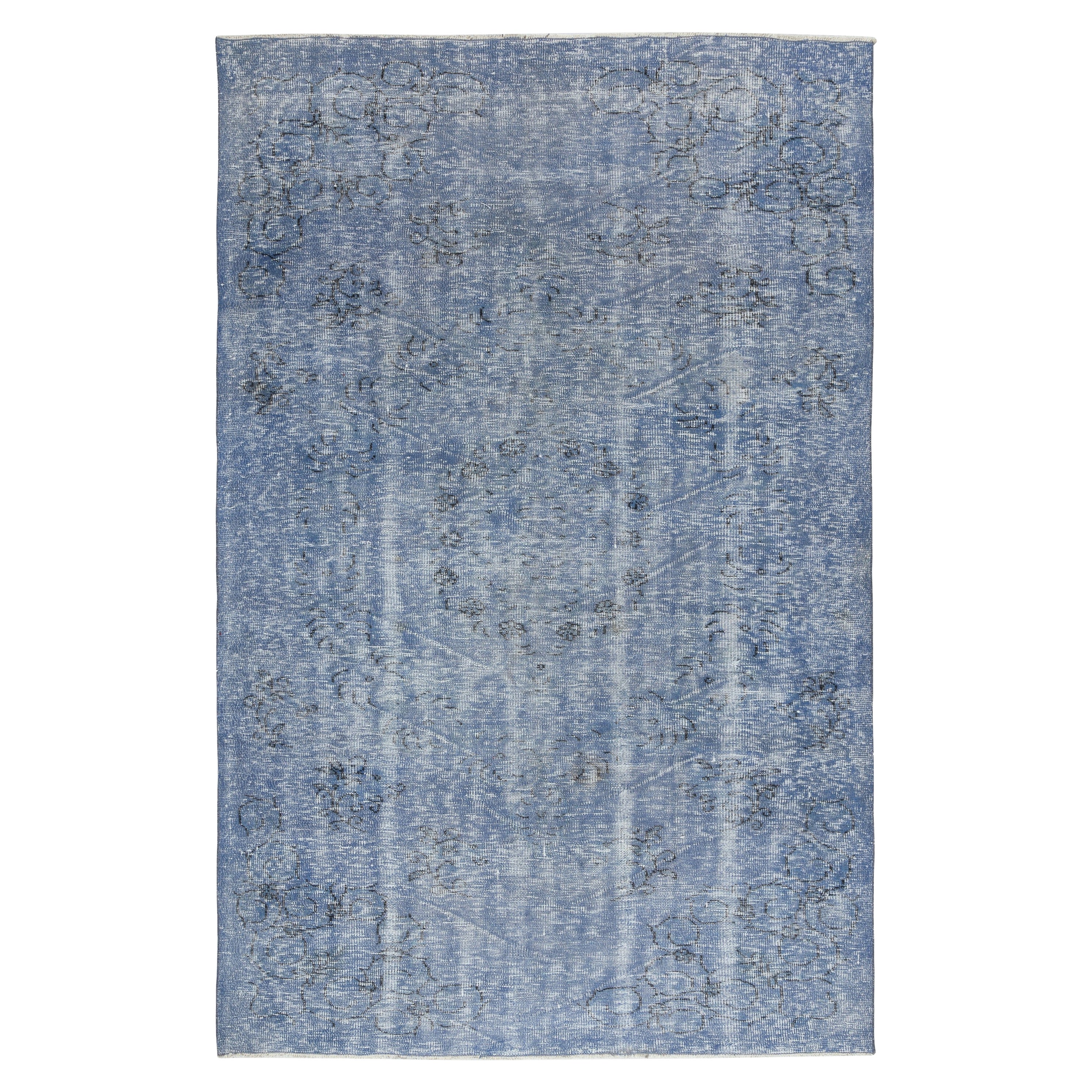 Tappeto 6x9 Ft realizzato a mano in lana turca. Tappeto blu sovratinto vintage per una casa moderna