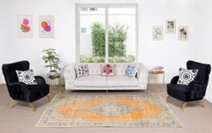6x9 Ft Handmade Turkish Rug, 1960s Medallion Design Carpet in Orange & Navy Blue