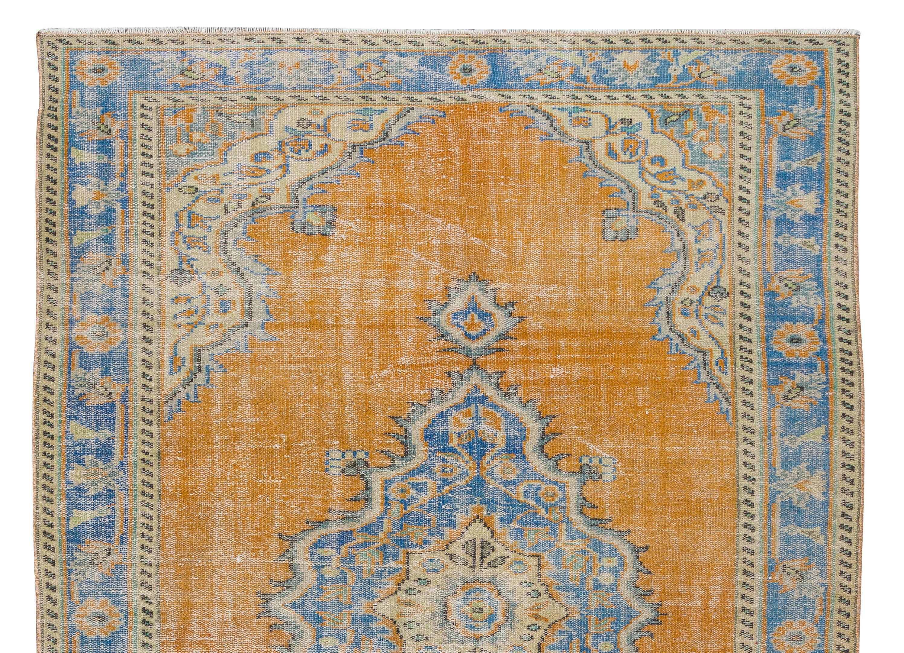 Hand-Knotted 6x9 Ft Handmade Turkish Rug, 1960s Medallion Design Carpet in Orange & Navy Blue For Sale