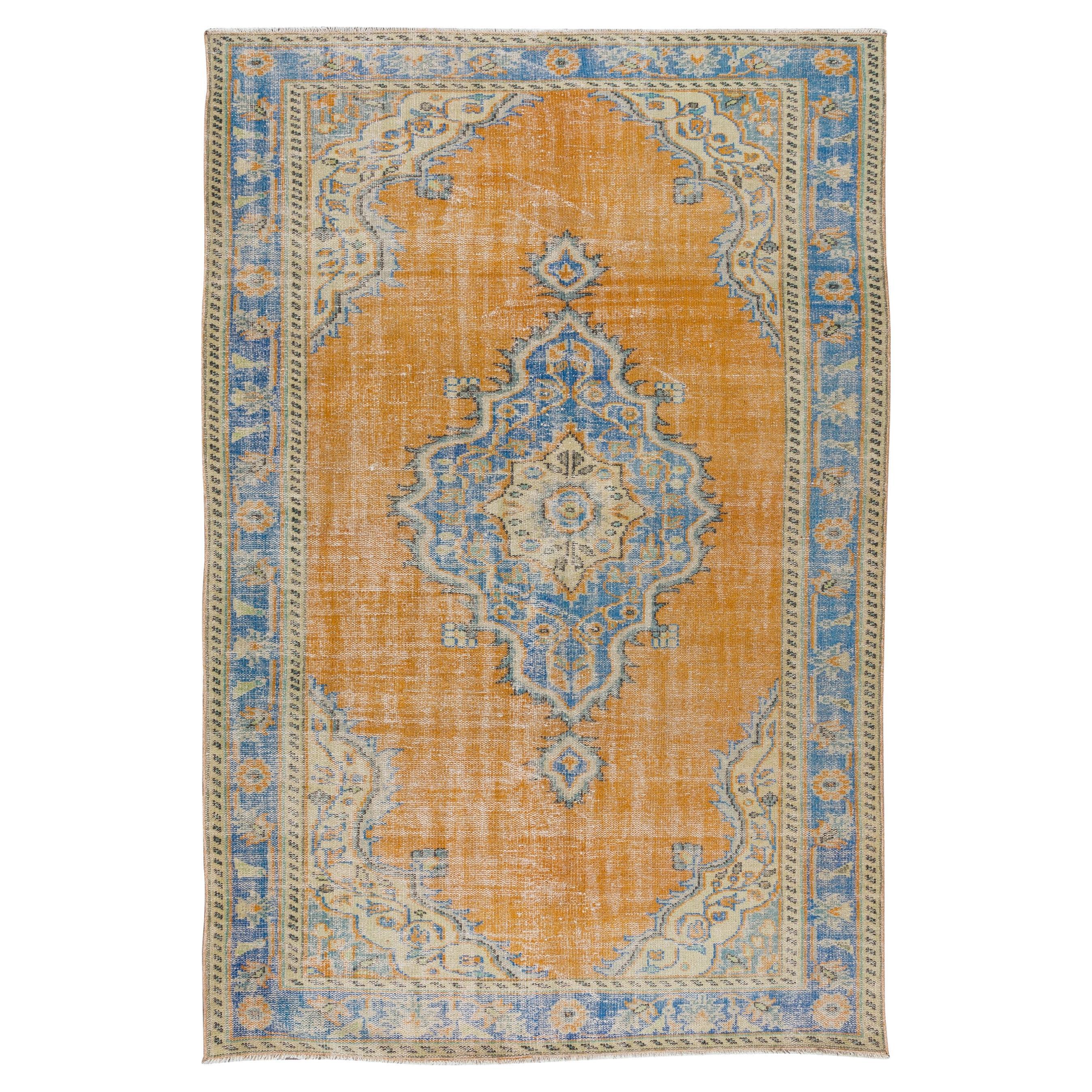 6x9 Ft Handmade Turkish Rug, 1960s Medallion Design Carpet in Orange & Navy Blue For Sale
