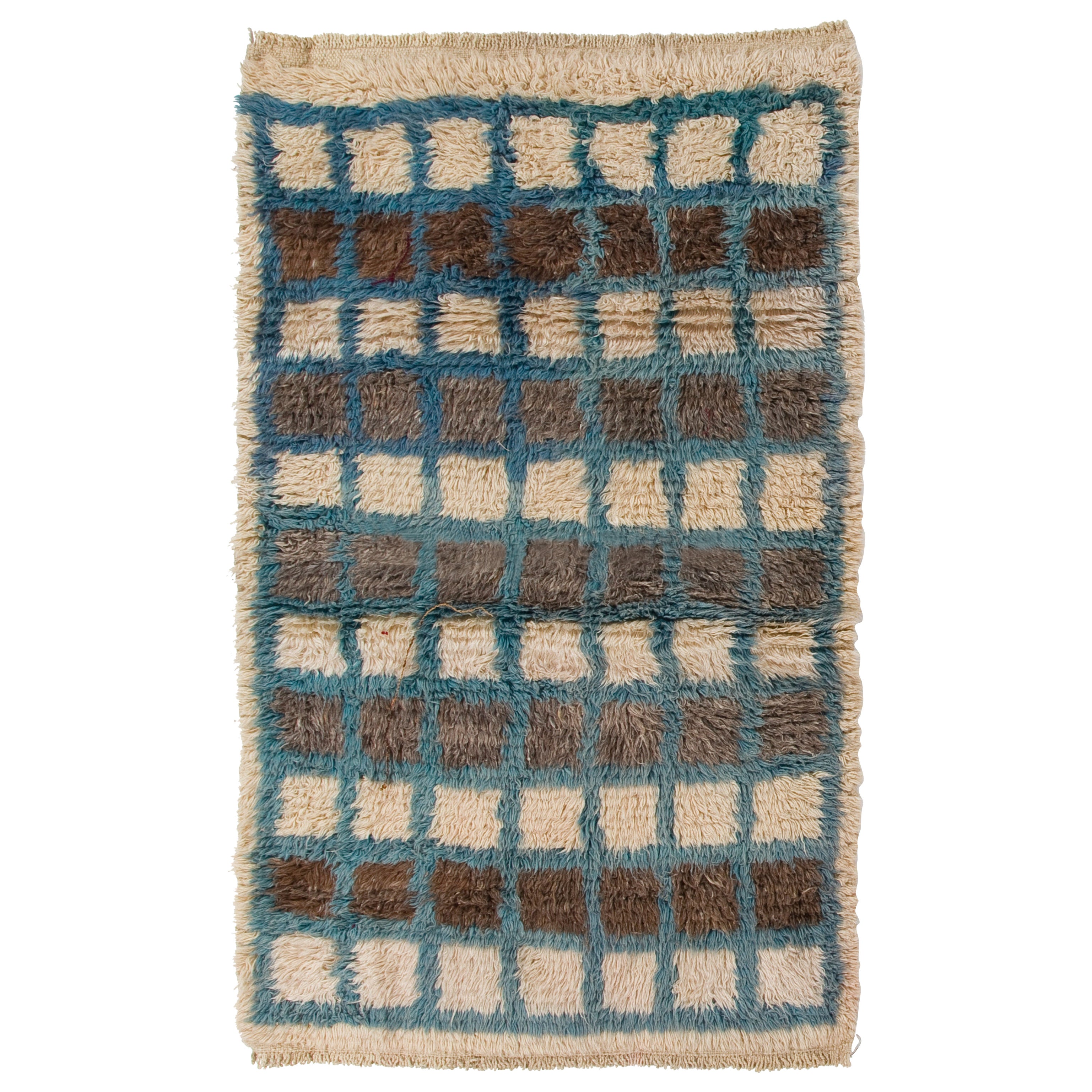 Tappeto Tulu 6x9 ft in lana a scacchiera fatto a mano. Colori beige, marrone e blu in vendita