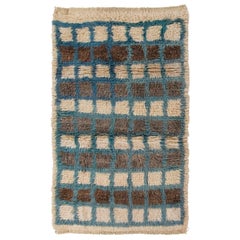 Tappeto Tulu 6x9 ft in lana a scacchiera fatto a mano. Colori beige, marrone e blu