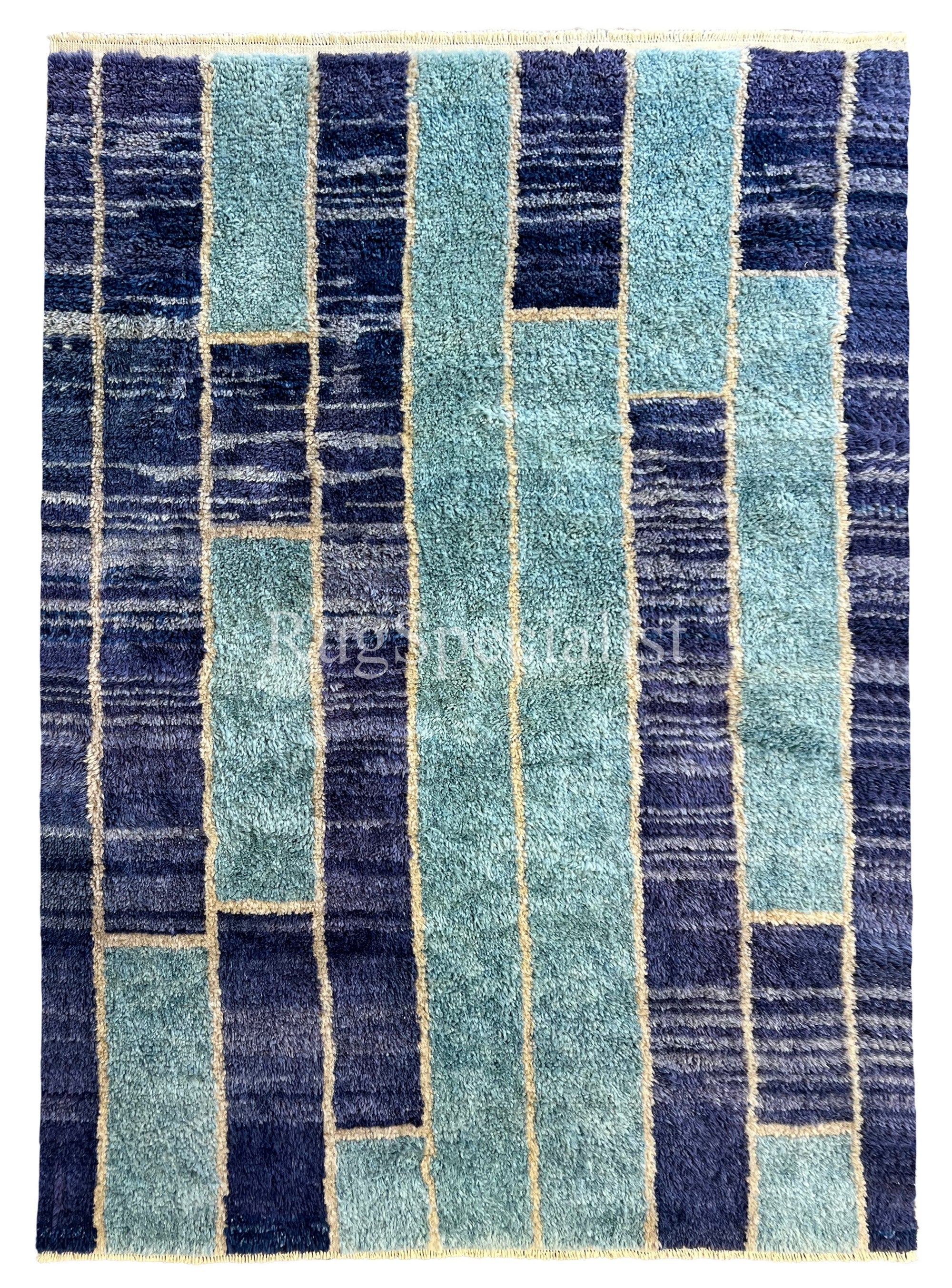 6x9 Ft Modern Hand knotted Tulu Rug in Blue, 100% Wool, Custom Options Available For Sale