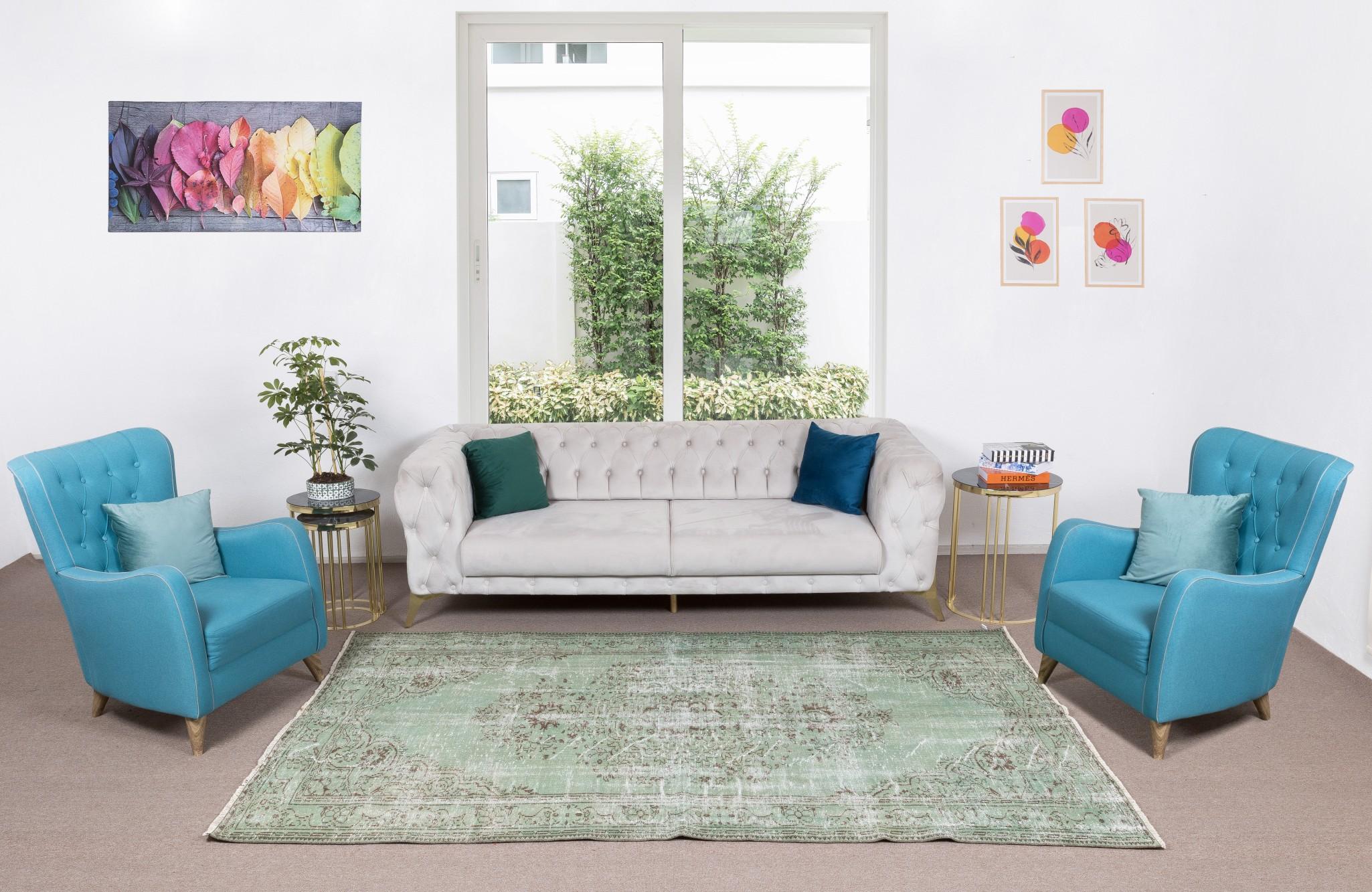 Our over-dyed rugs are all hand-knotted vintage pieces that are recreated in our workshop to cater to a wider range of interior design choices from modern to coastal, from industrial to rustic/cottage. These 50 to 70 year-old rugs were hand-knotted