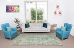 Modern Light Green Wool Floor Rug, Hand Knotted Anatolian Vintage Carpet