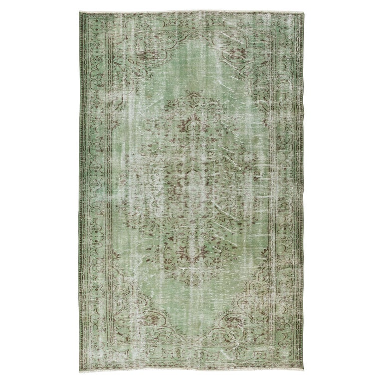 Modern Light Green Wool Floor Rug, Hand Knotted Anatolian Vintage