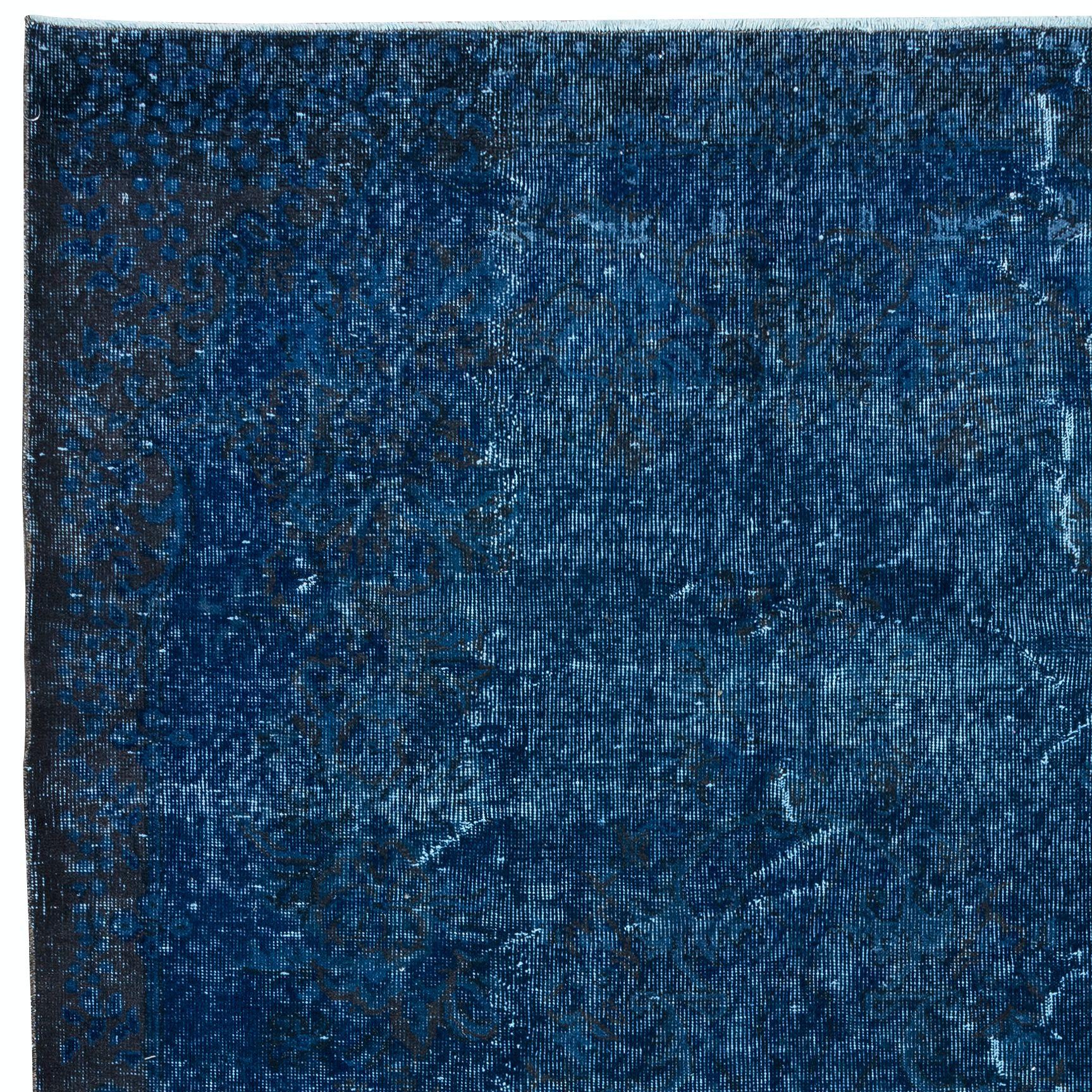 Hand-Knotted 6x9 Ft Modern Turkish Area Rug in Indigo Blue, Decorative Handmade Wool Carpet For Sale