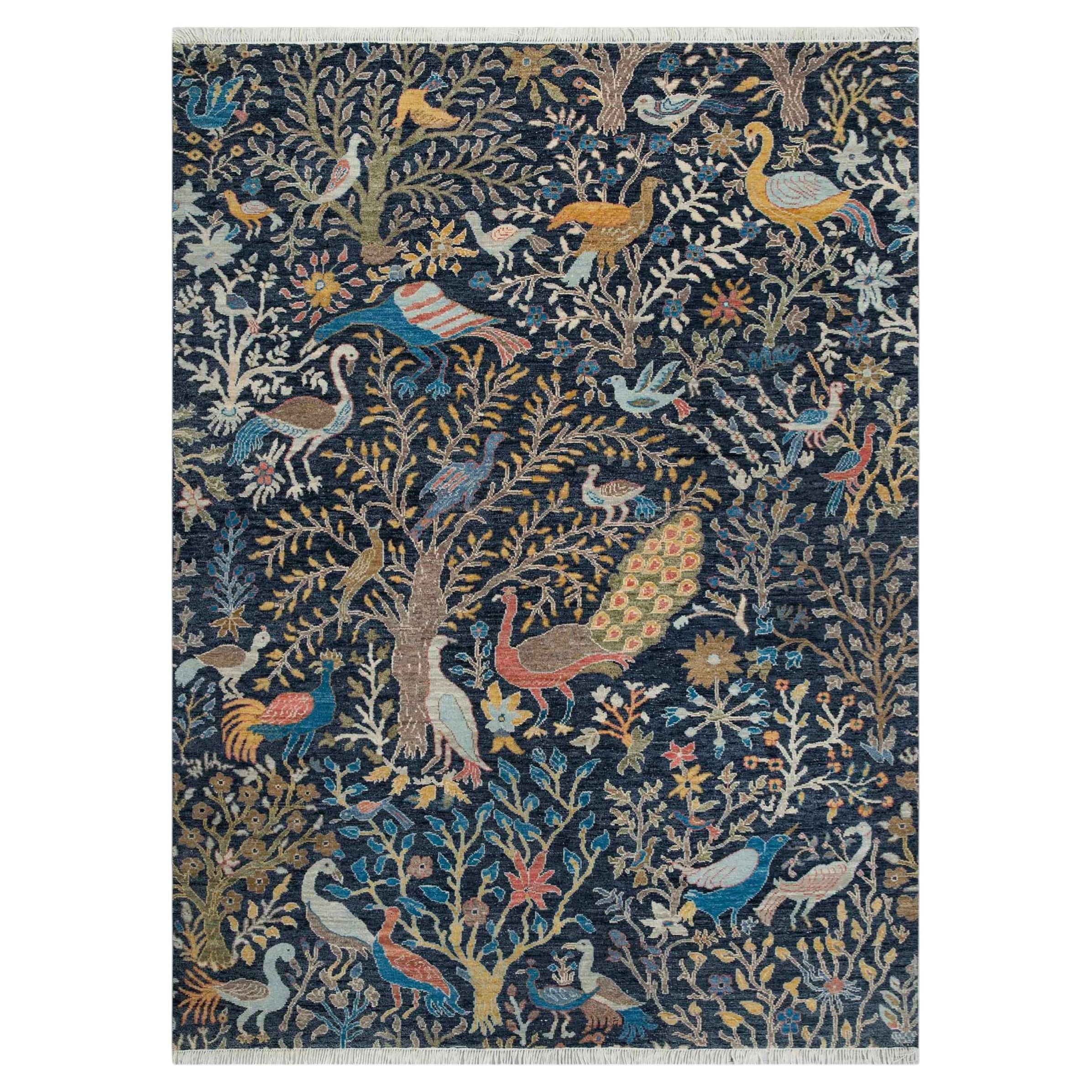 6x9 Ft Navy Birds & Peacocks Garden Hand Knotted Wool Rug ( JC - 13906 )
