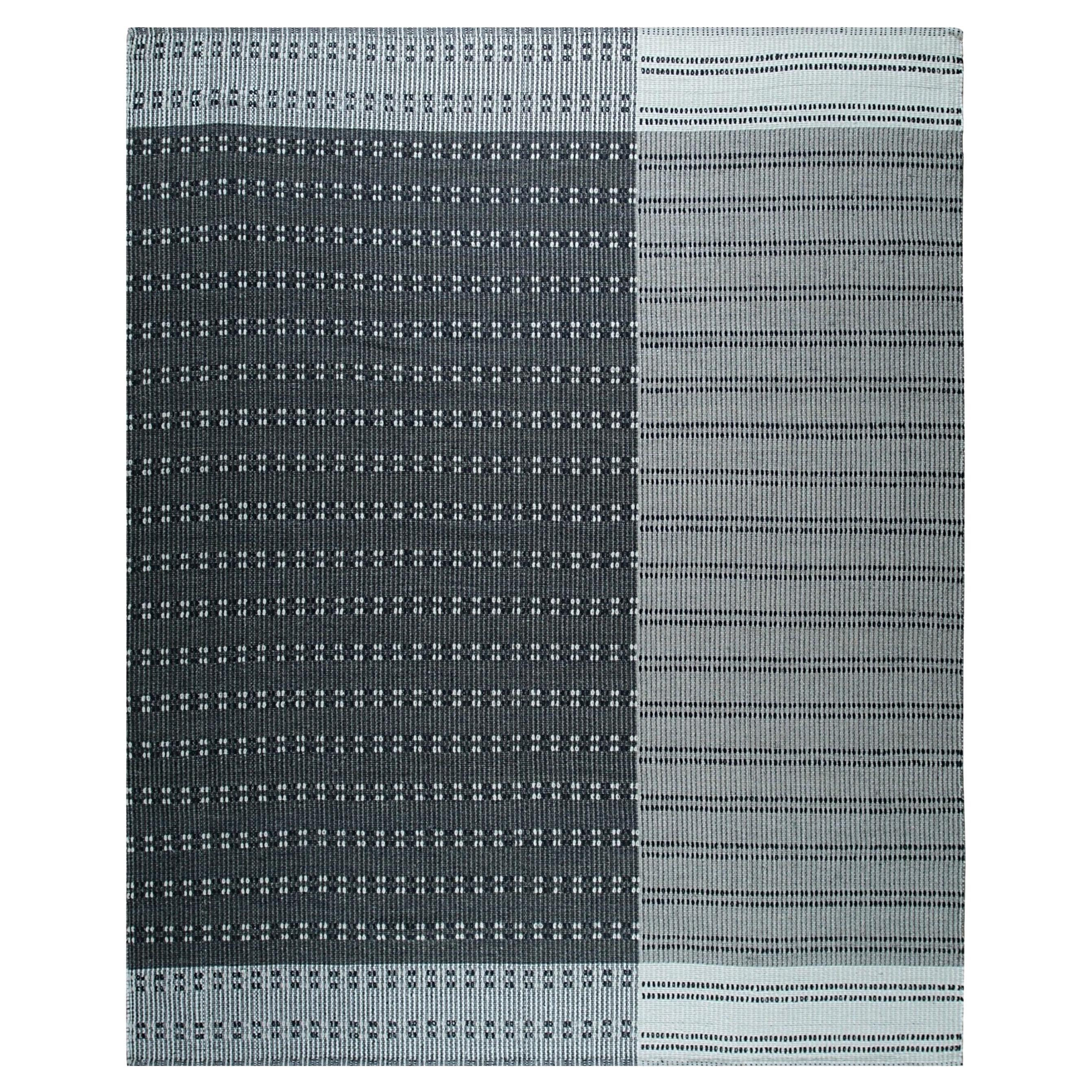 6x9 Gray Hand-Knotted Wool Dotted Linear Band Geometric Modern Carpet Rug