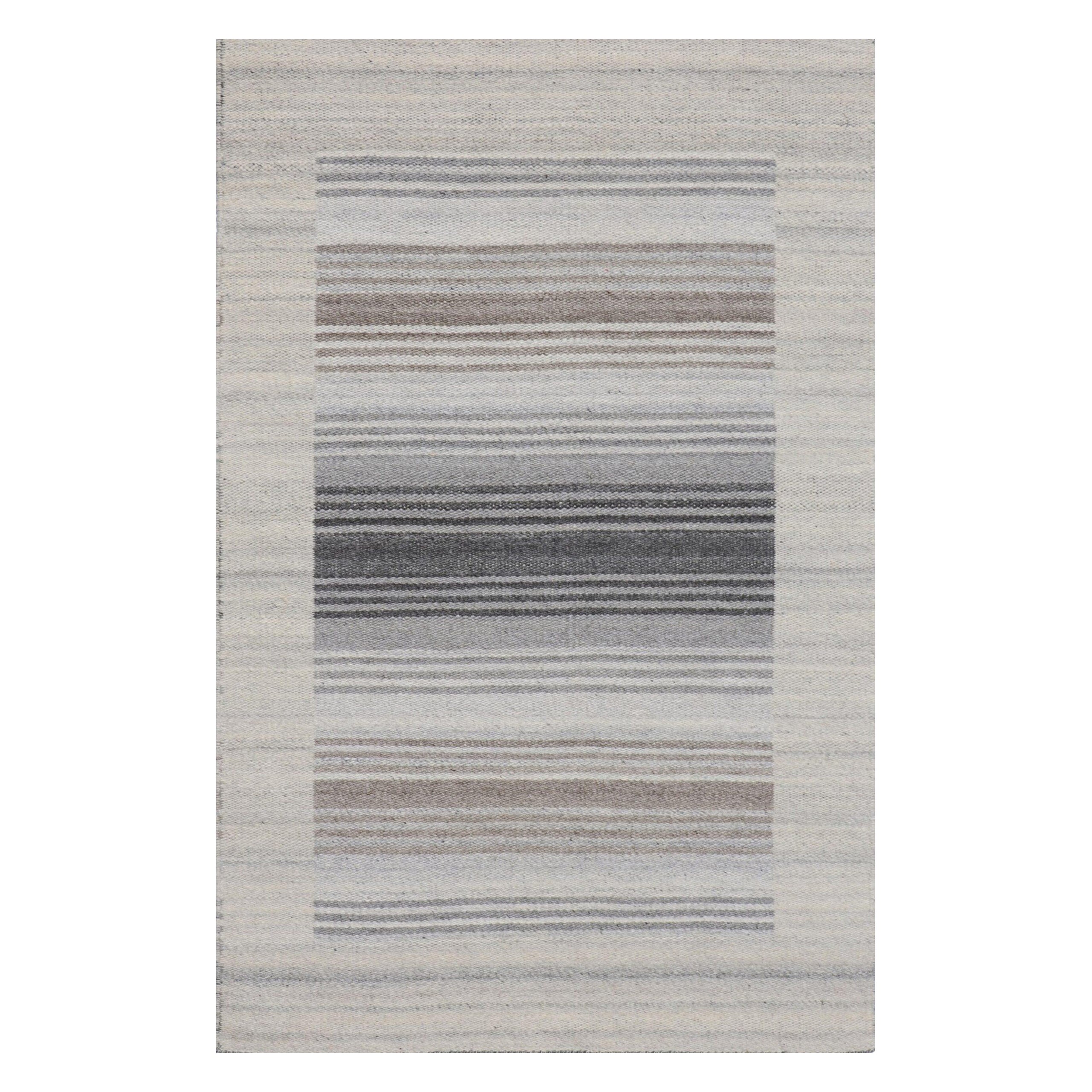 6x9 Gray Handwoven Wool Viscose Subtle Banding Geometric Modern Carpet Rug For Sale