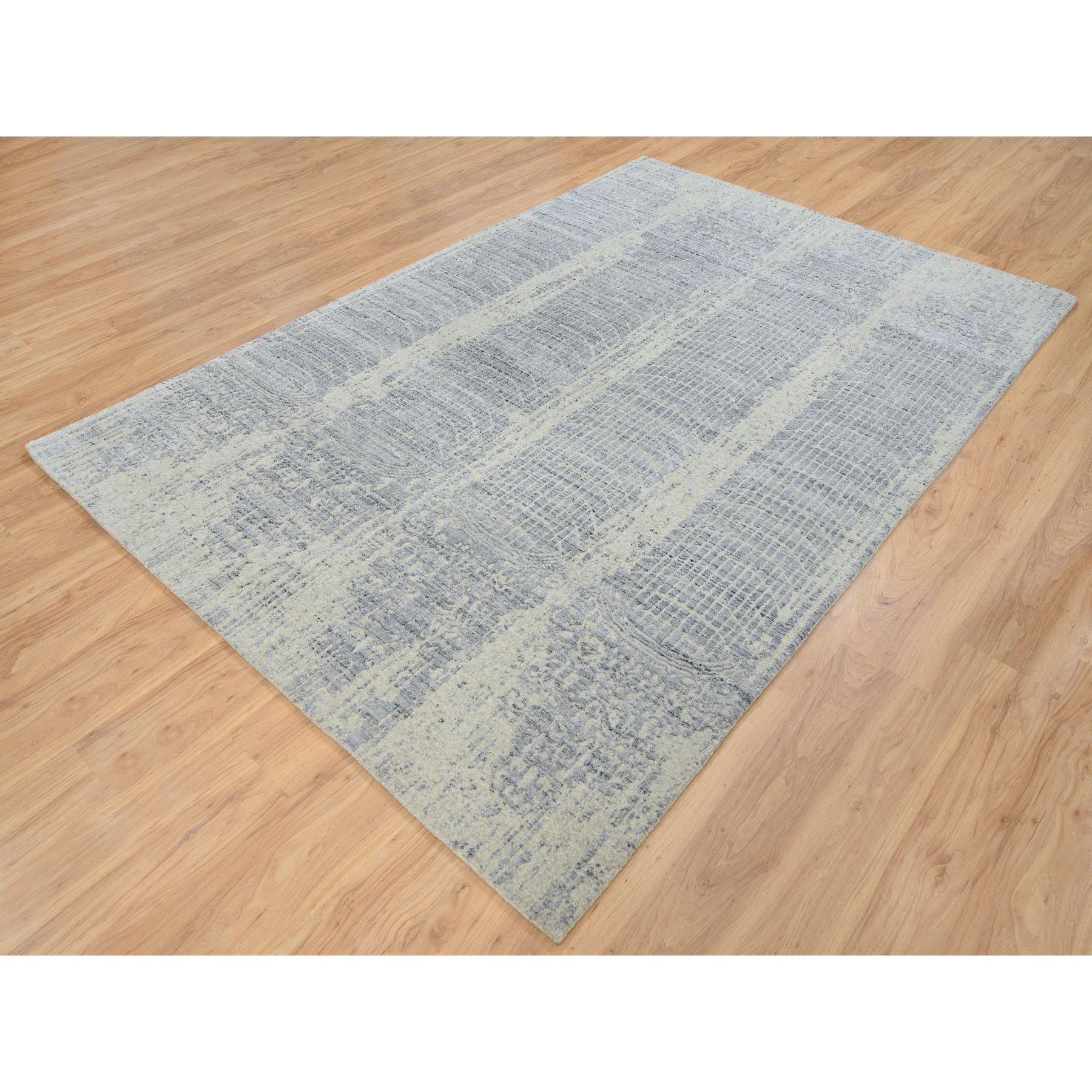 Indien 6'x9' Gris, Jacquard tissé à la main, laine et soie végétale, tapis en vente