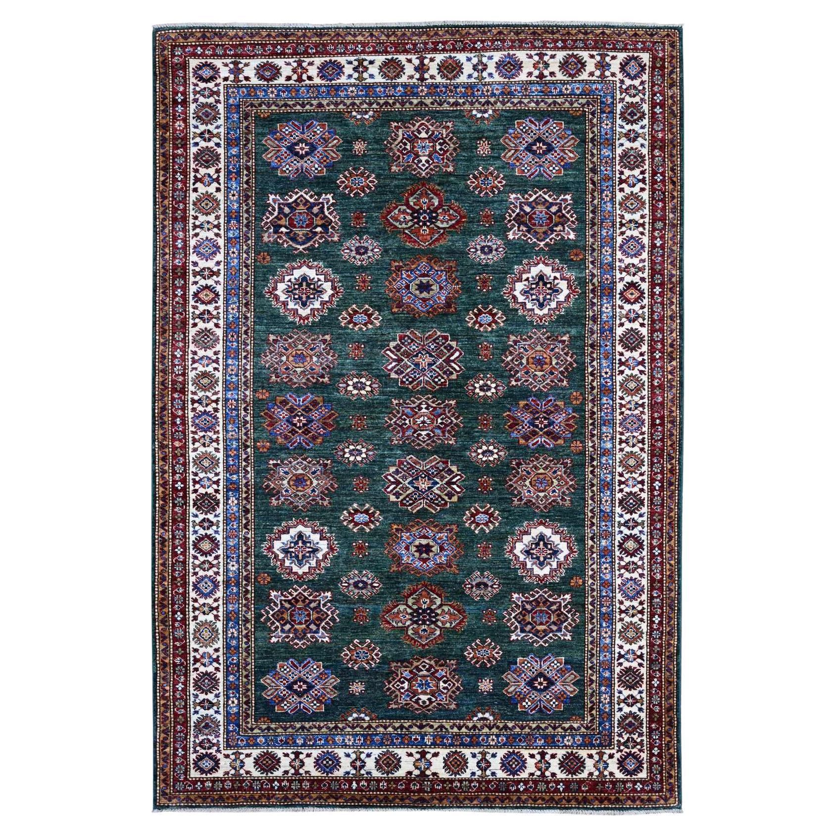 6'x9' Green Hand Knotted Super Kazak Tribal Medallions Wool Oriental Rug