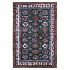 6'x9' Green Hand Knotted Super Kazak Tribal Medallions Wool Oriental Rug