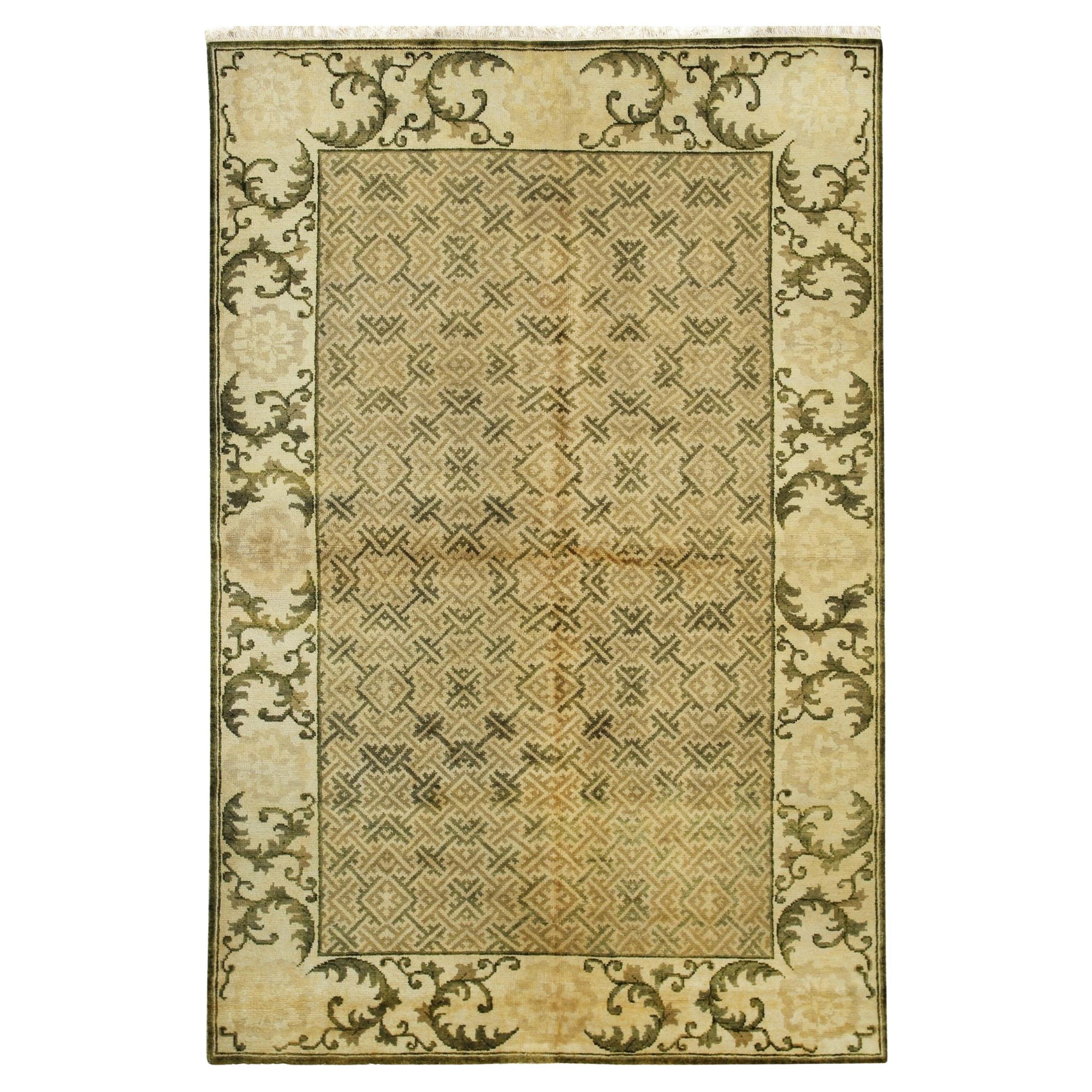6x9 Green Hand-Knotted Wool Scrolled Leaf Border Geometric Modern Carpet Rug For Sale