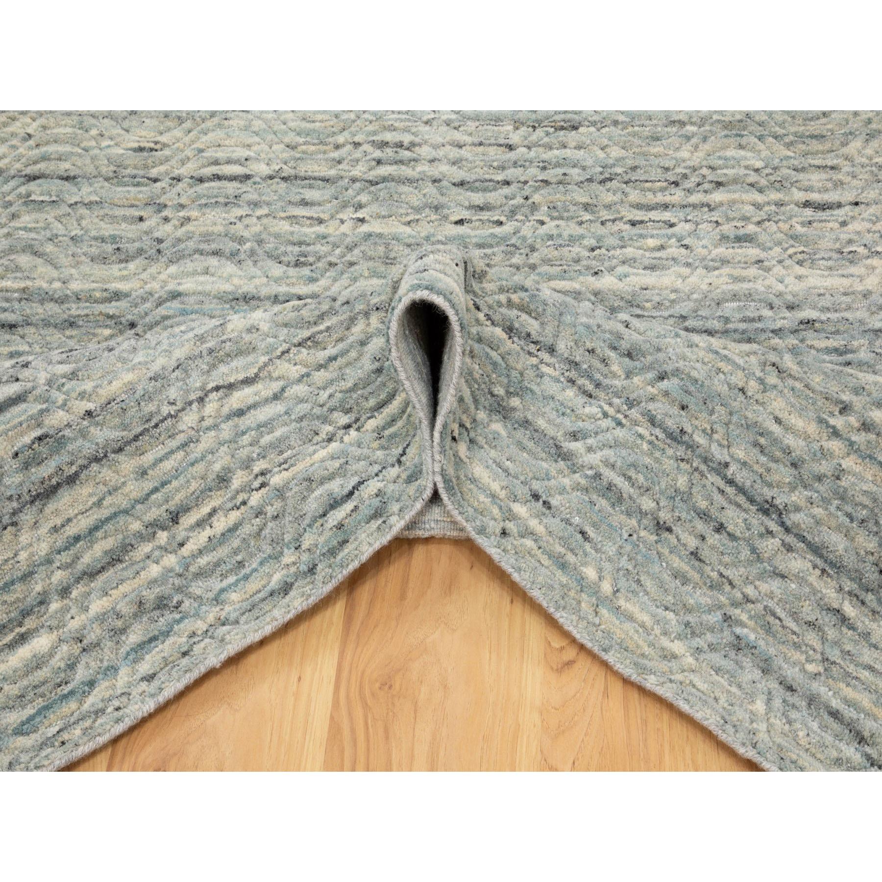 Contemporary 6'x9' Green Variegated Text Design Hand Loomed Pure Wool Modern Oriental Rug For Sale