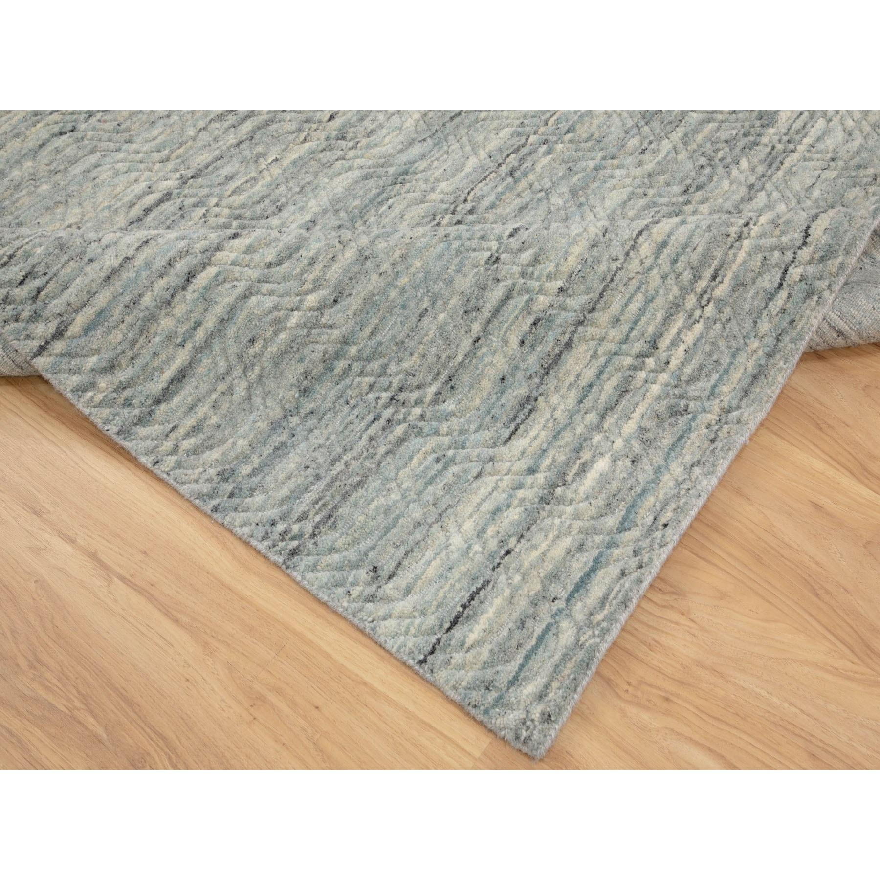 6'x9' Green Variegated Text Design Hand Loomed Pure Wool Modern Oriental Rug For Sale 1