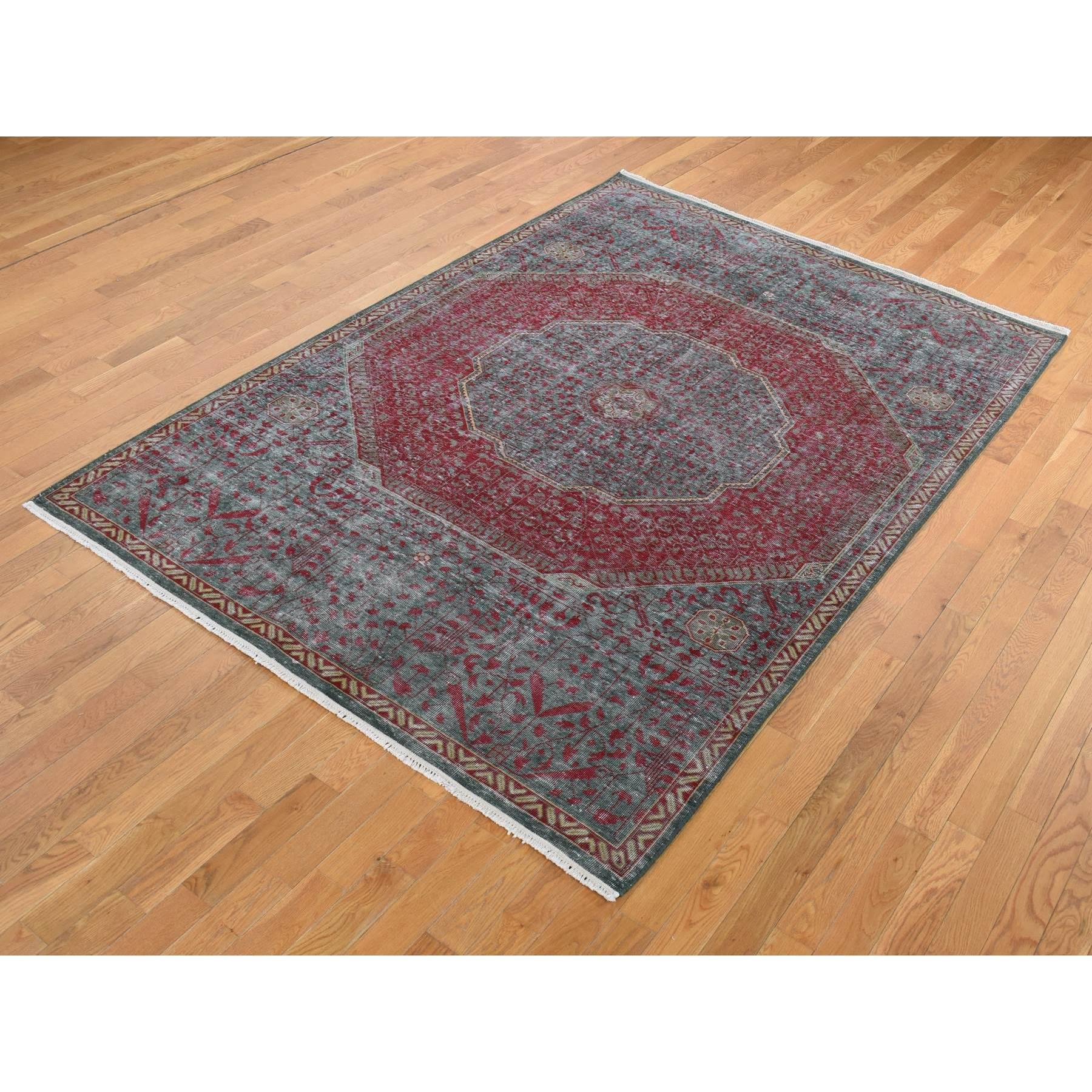 Bohème 6'x9' Vert, Mamluke Vintage, Zero Pile, Laine usée, Tapis noué à la main en vente