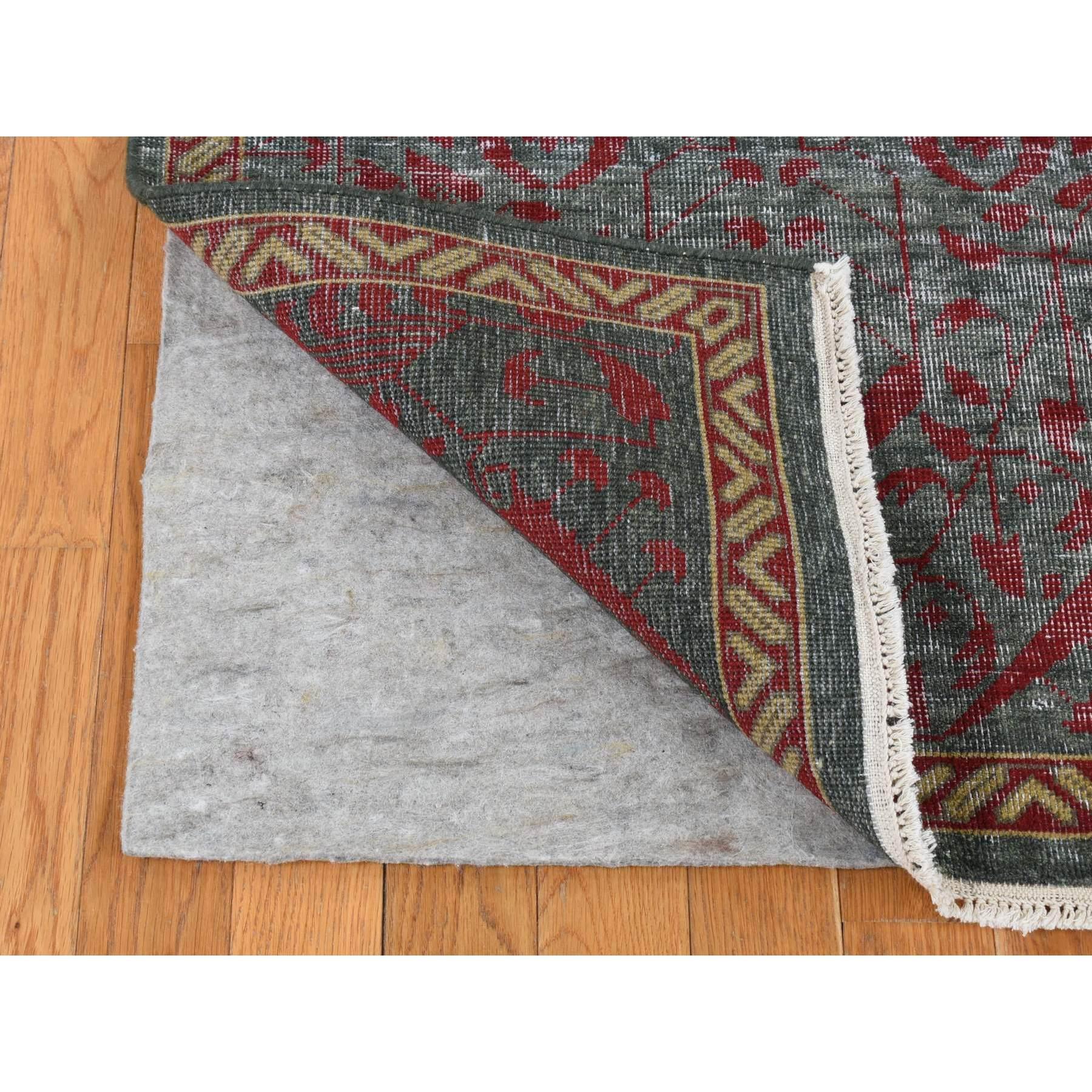 Indien 6'x9' Vert, Mamluke Vintage, Zero Pile, Laine usée, Tapis noué à la main en vente