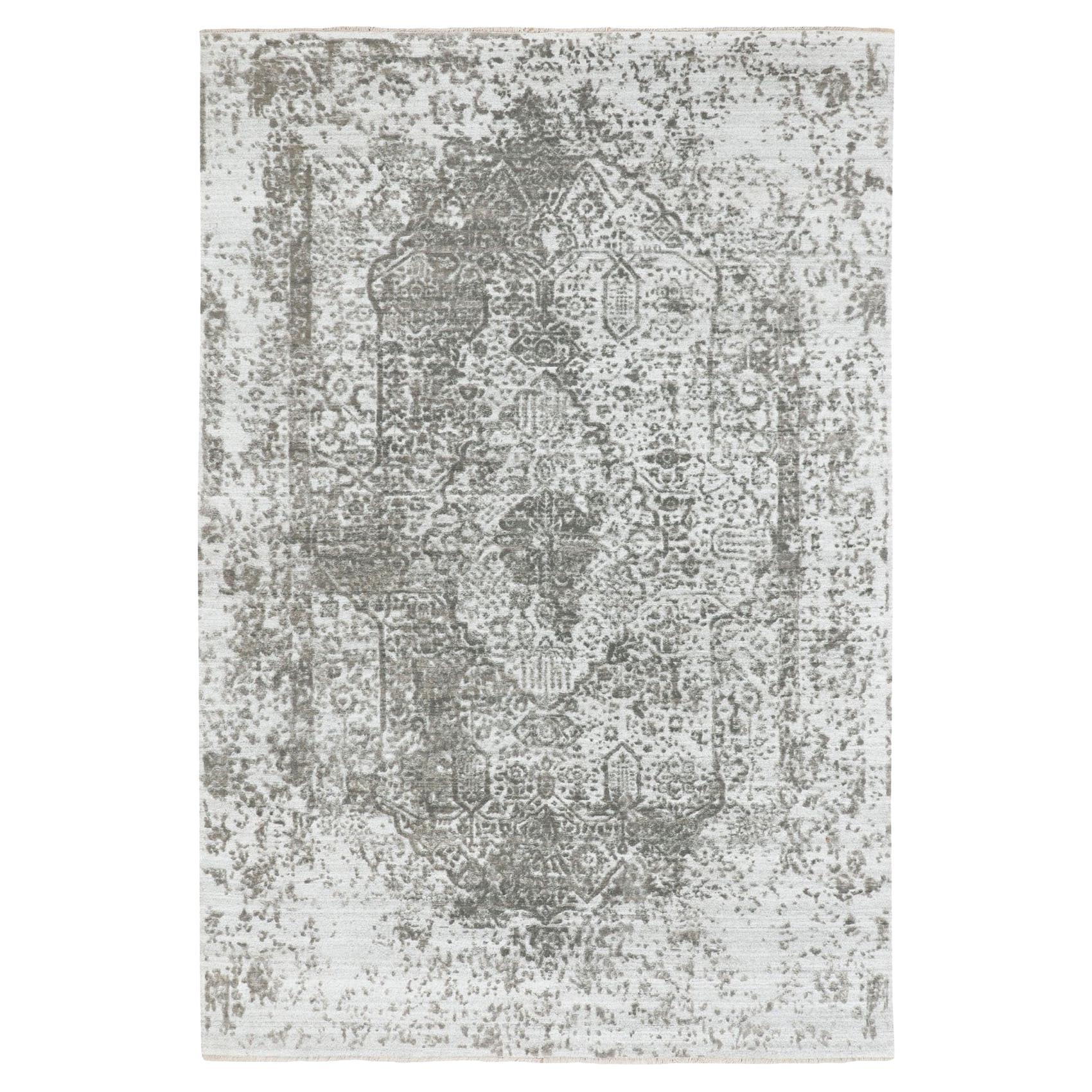 6'x9' Grauer handgeknüpfter orientalischer Teppich aus Wolle und reiner Seide in Broken-Persischem Design