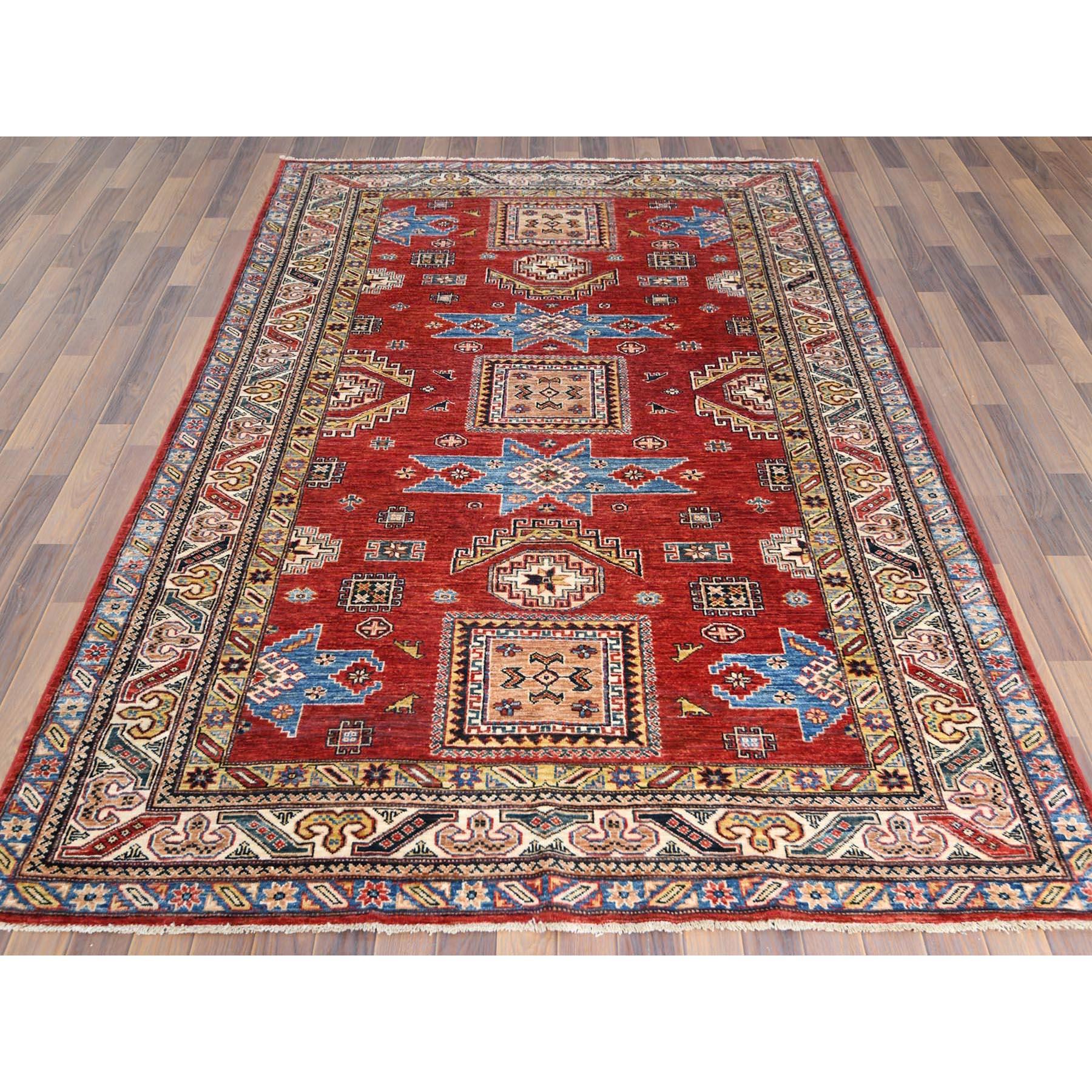 6'x9' Hand Knotted Rich Red Afghan Super Kazak Pure Wool Oriental Rug Kazajo en venta