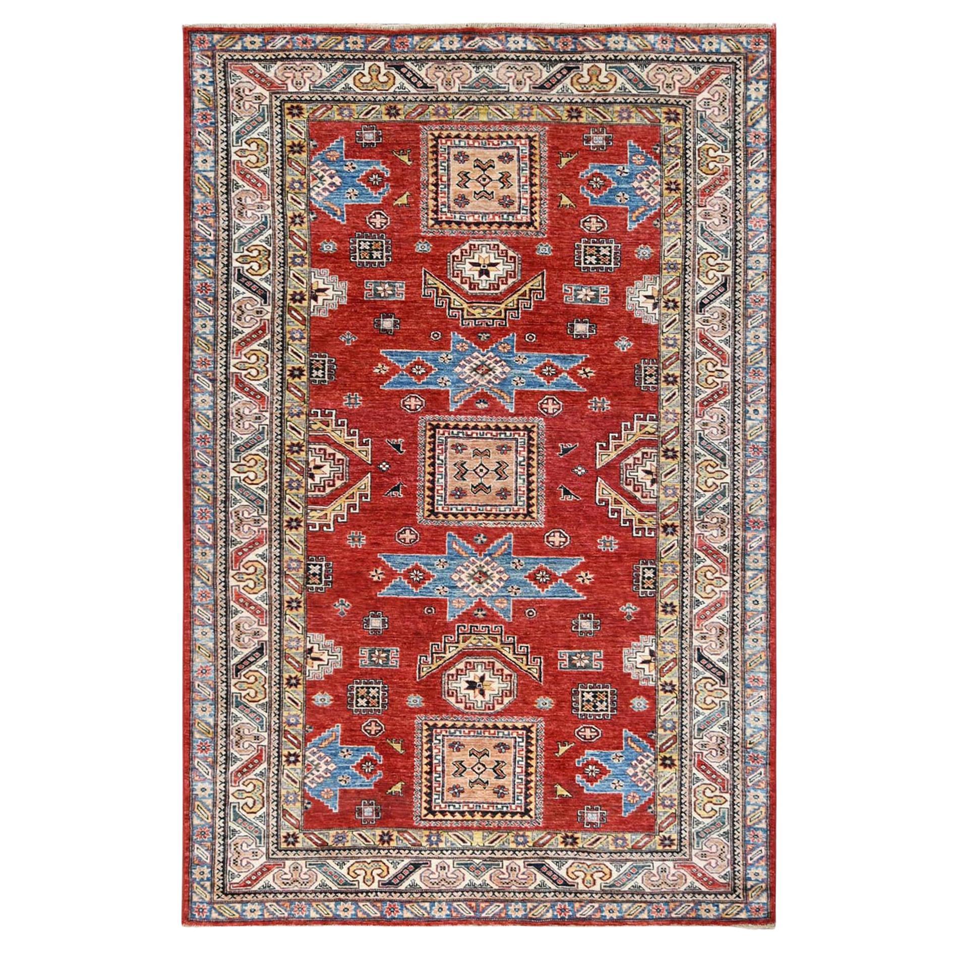 6'x9' Hand Knotted Rich Red Afghan Super Kazak Pure Wool Oriental Rug