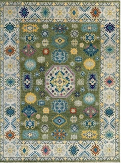 6x9 Inviting Kazak Light Green Traditional Geometric Modern Knotted Wool Rug