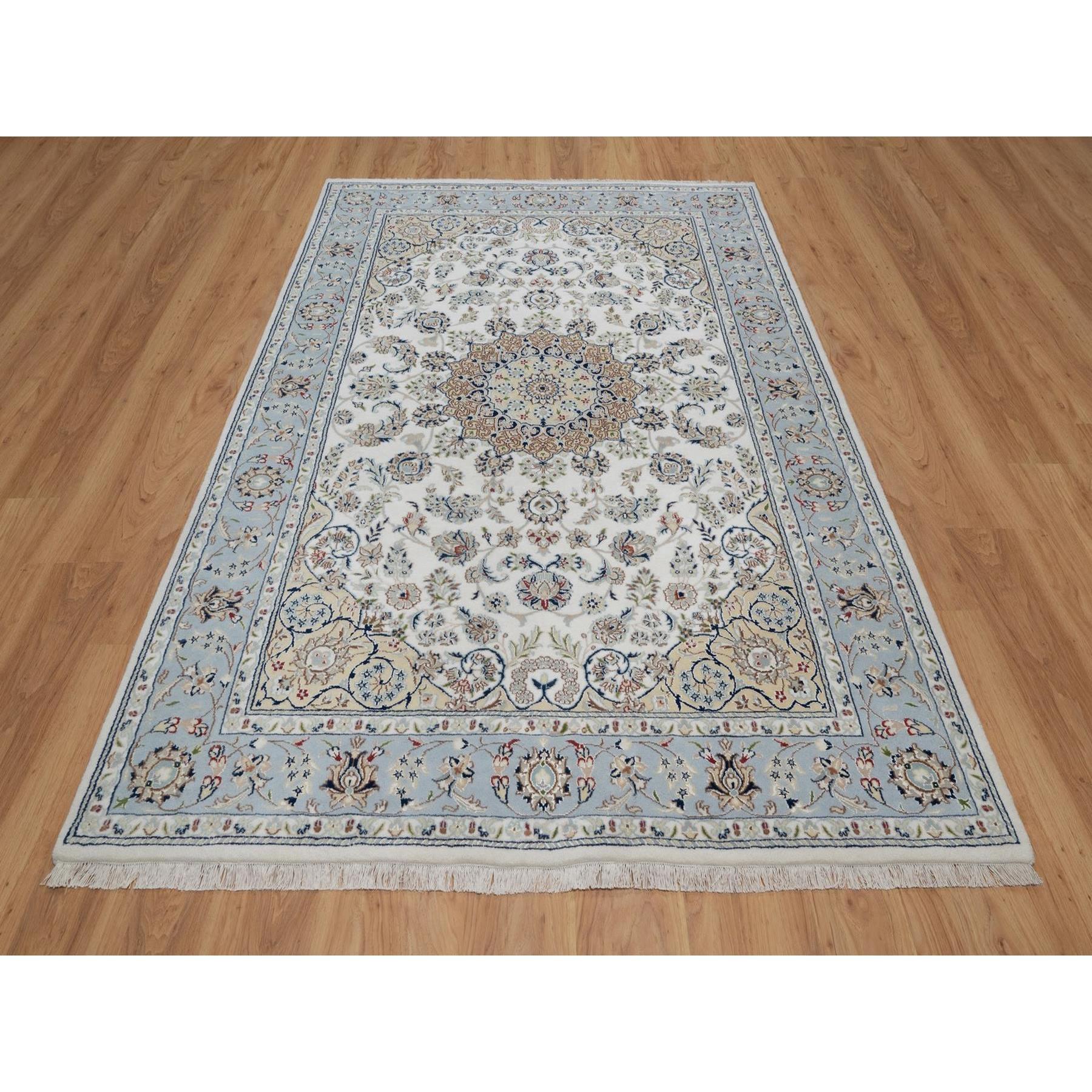 Pristine White, 250 KPSI, Nain with Flower Medallion Design, Wool and Silk, Soft Pile, Hand Knotted, Oriental Rug
Primary materials: Wool & Silk
Latex: No Pile 
height: 0.25 Inches
Style: Traditional
Primary color: Ivory
Secondary colors: Brown,