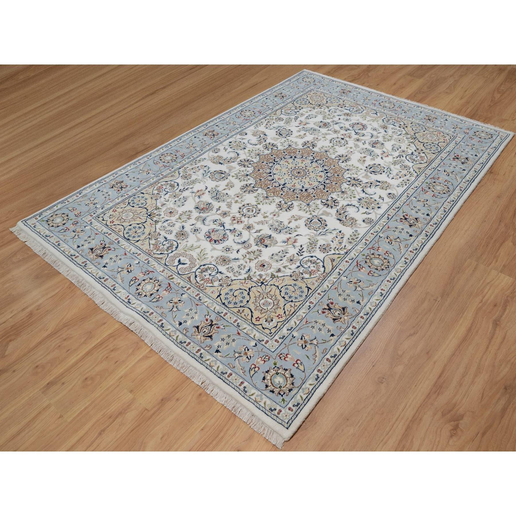 Medieval 6'x9' Ivory 250 KPSI Nain Flower Design Hand Knotted Wool and Silk Soft Rug For Sale