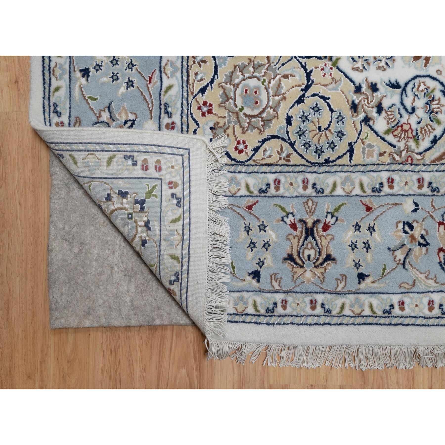 Indian 6'x9' Ivory 250 KPSI Nain Flower Design Hand Knotted Wool and Silk Soft Rug For Sale