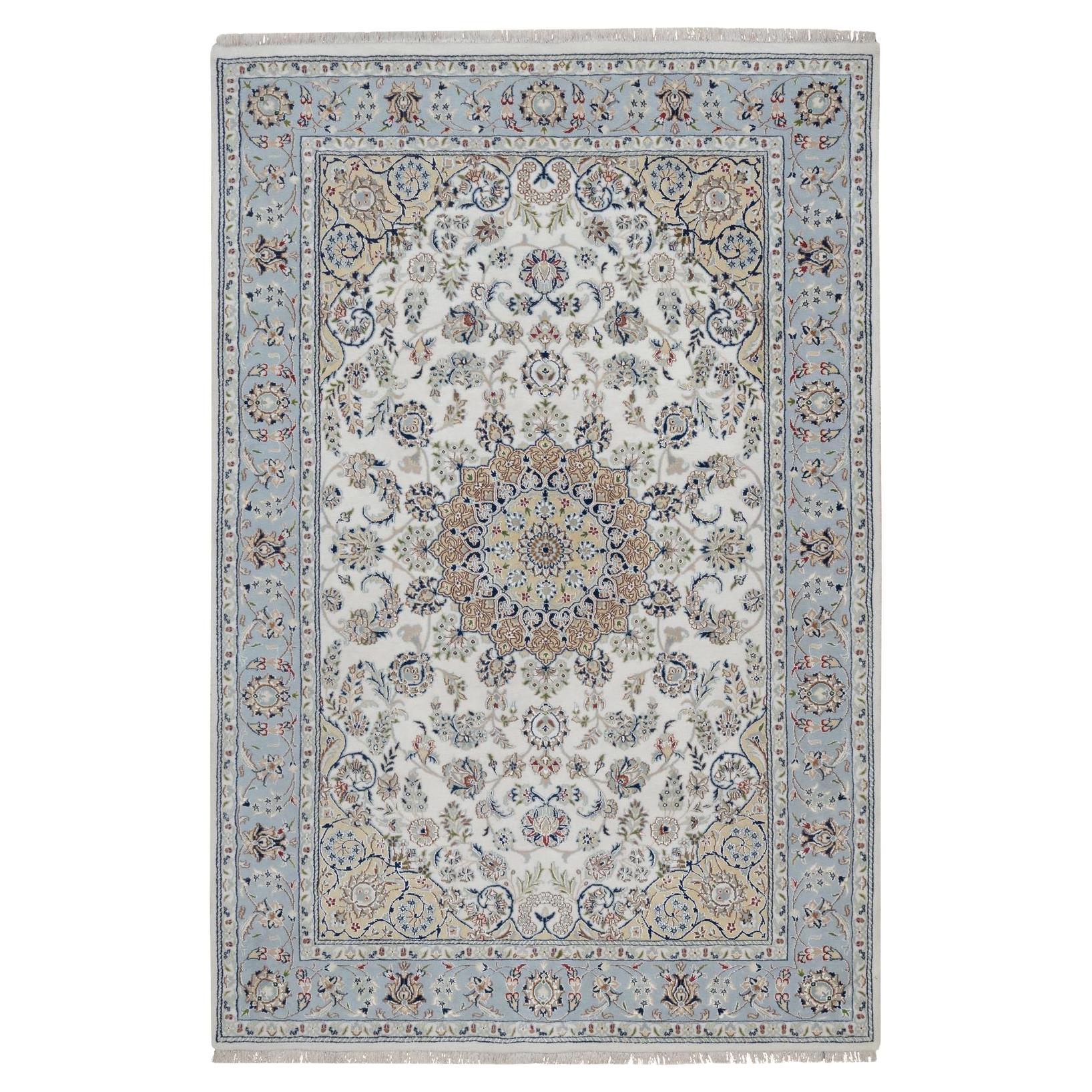 6'x9' Ivory 250 KPSI Nain Flower Design Hand Knotted Wool and Silk Soft Rug