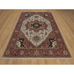 6'x9' Ivory Antiqued Fine Heriz Re-Creation Wool Hand Knotted Oriental Rug
