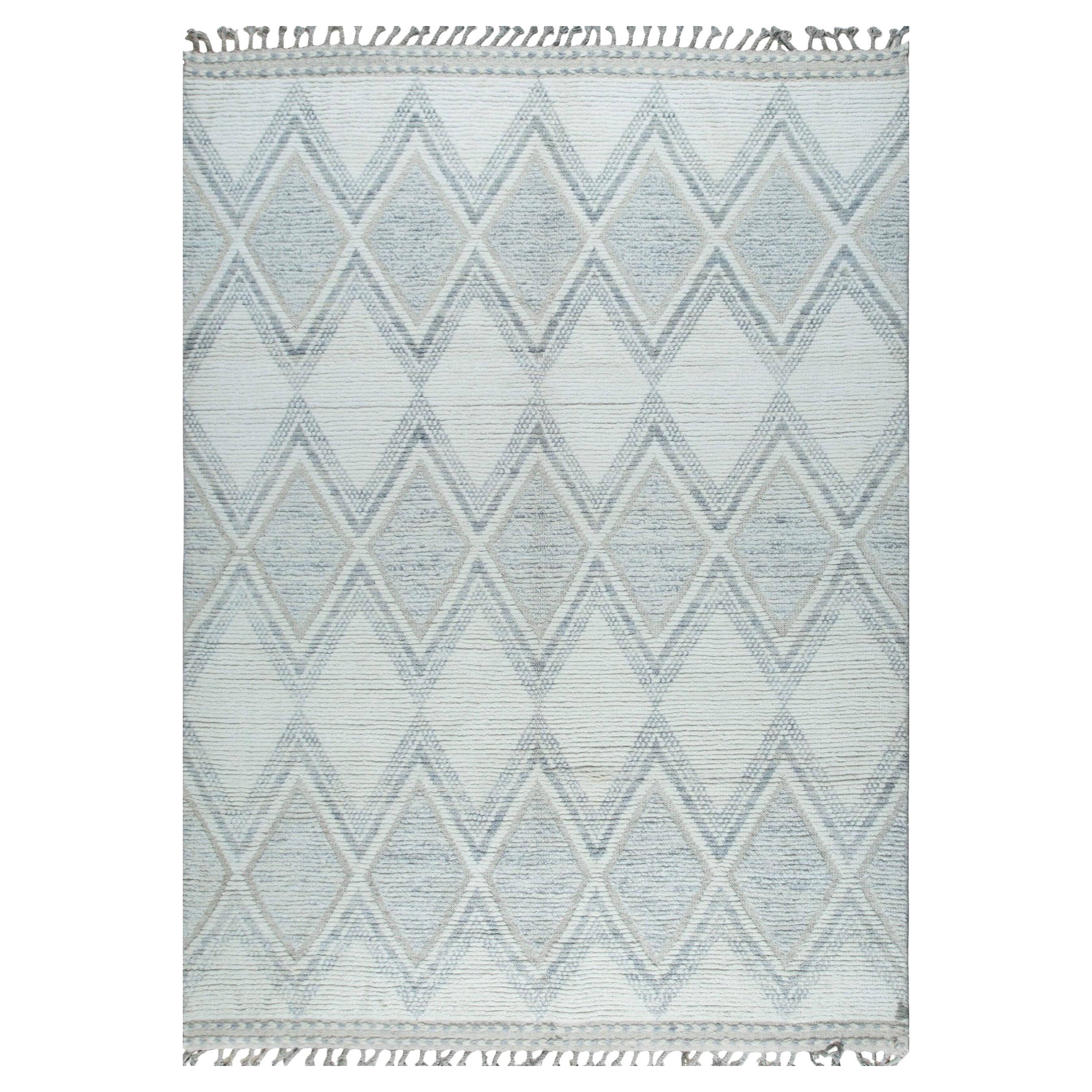6x9 Ivory Hand-Knotted Wool Diamond Weave Geometric Modern Carpet Rug For Sale