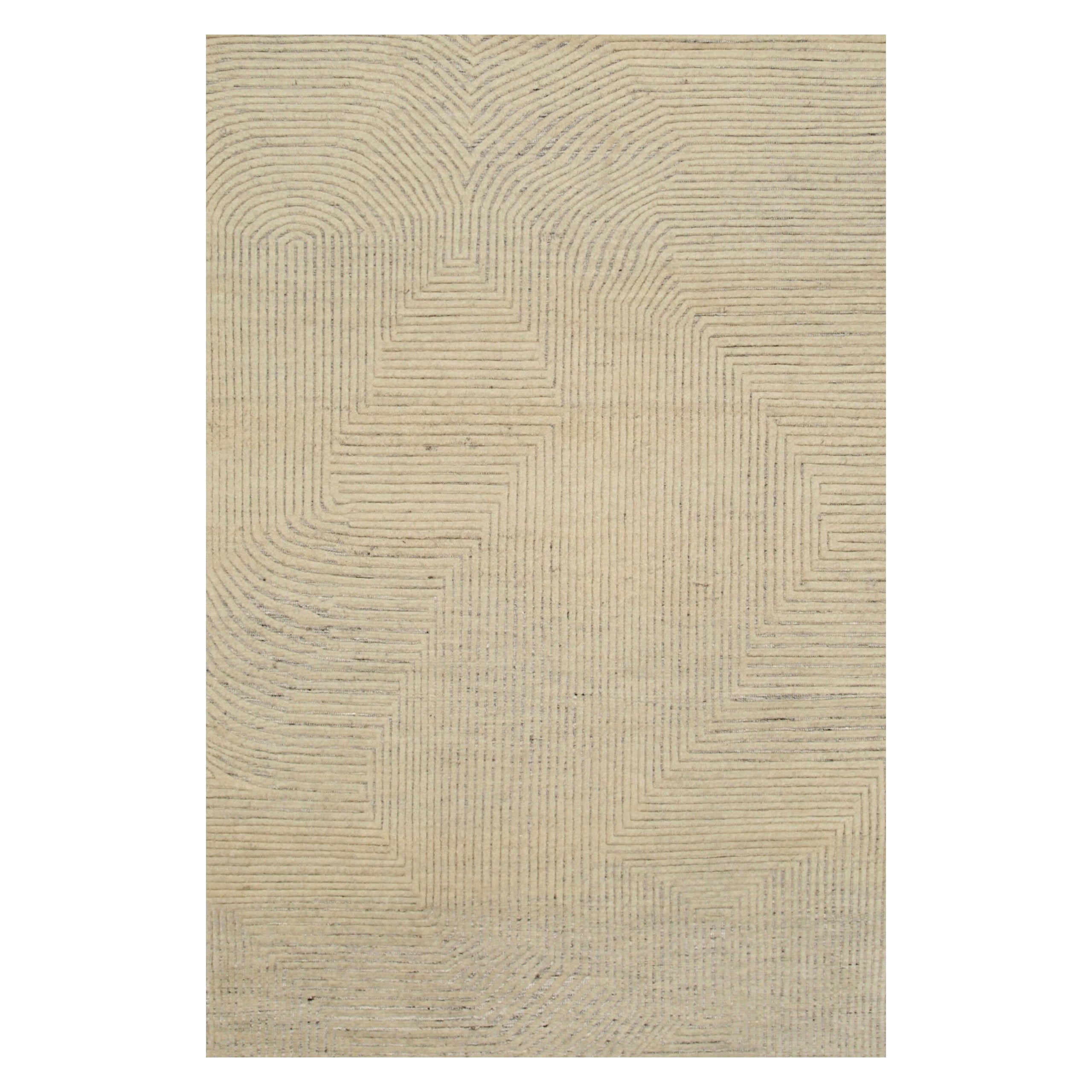 6x9 Ivory Hand-Knotted Wool Linear Maze Geometric Modern Carpet Rug