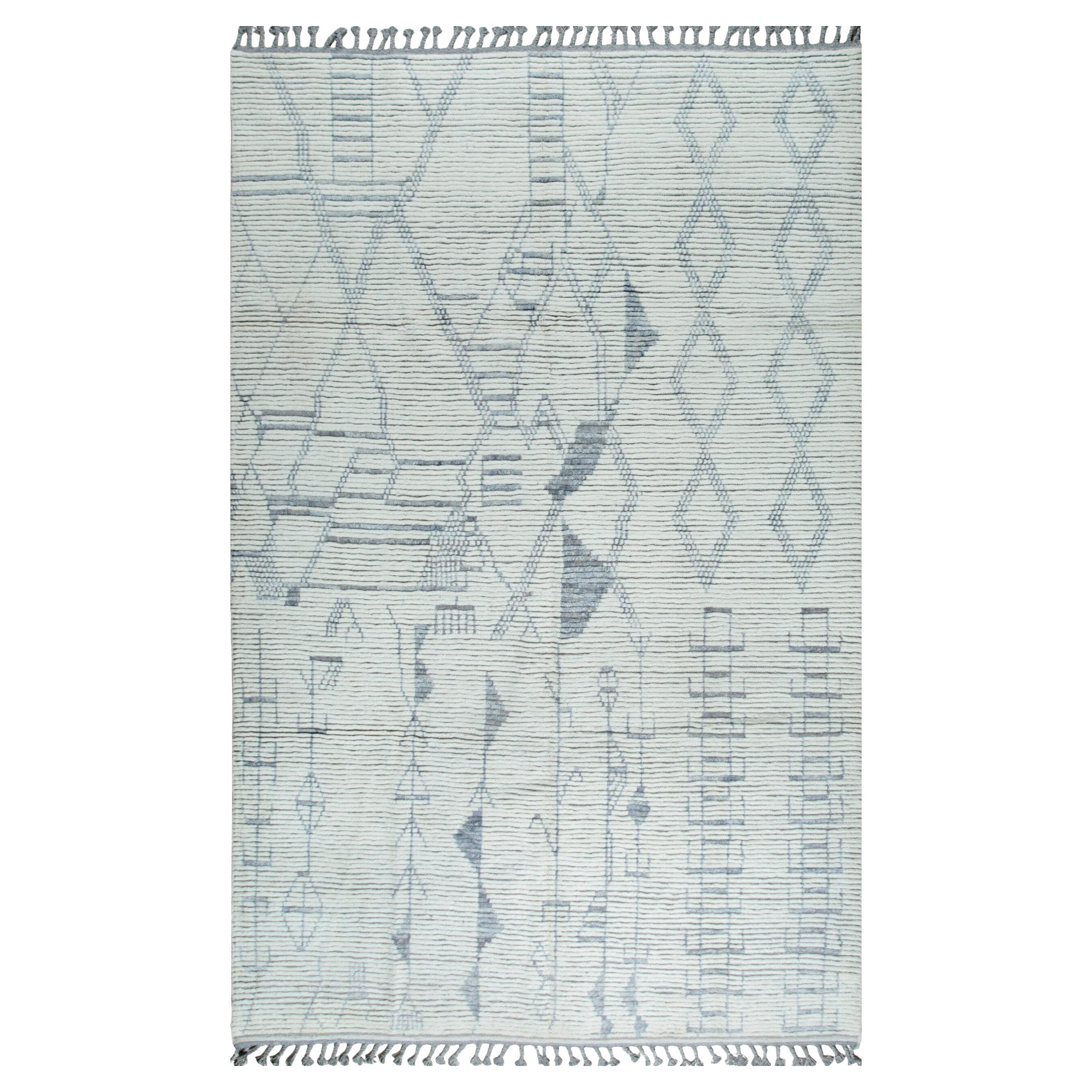 6x9 Ivory Hand-Knotted Wool Linear Motifs Tribal Modern Carpet Rug For Sale